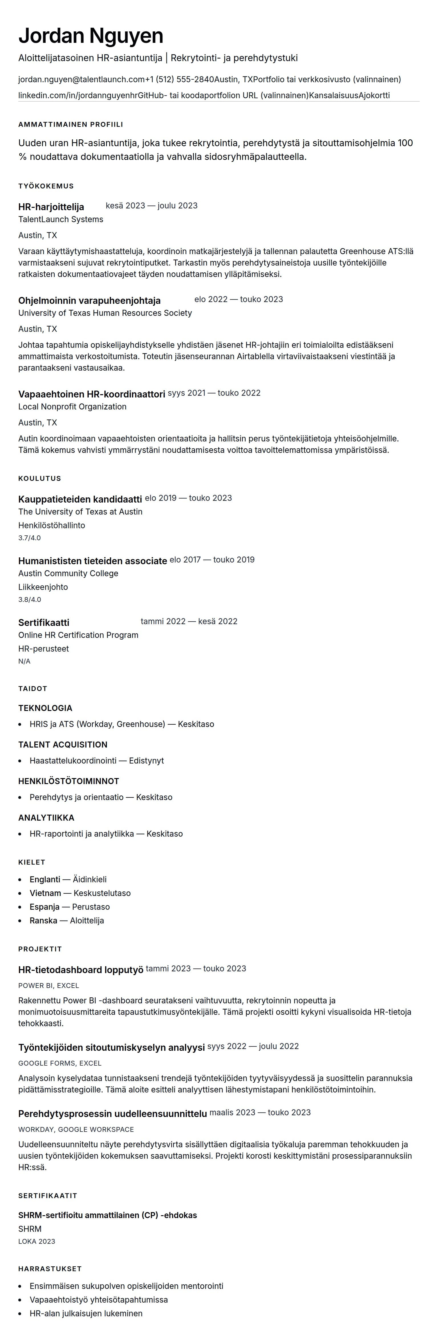 Ansioluetteloesikatselu kohteelle Aloittelijatasoisen HR-asiantuntijan ansioluetteloesimerkki