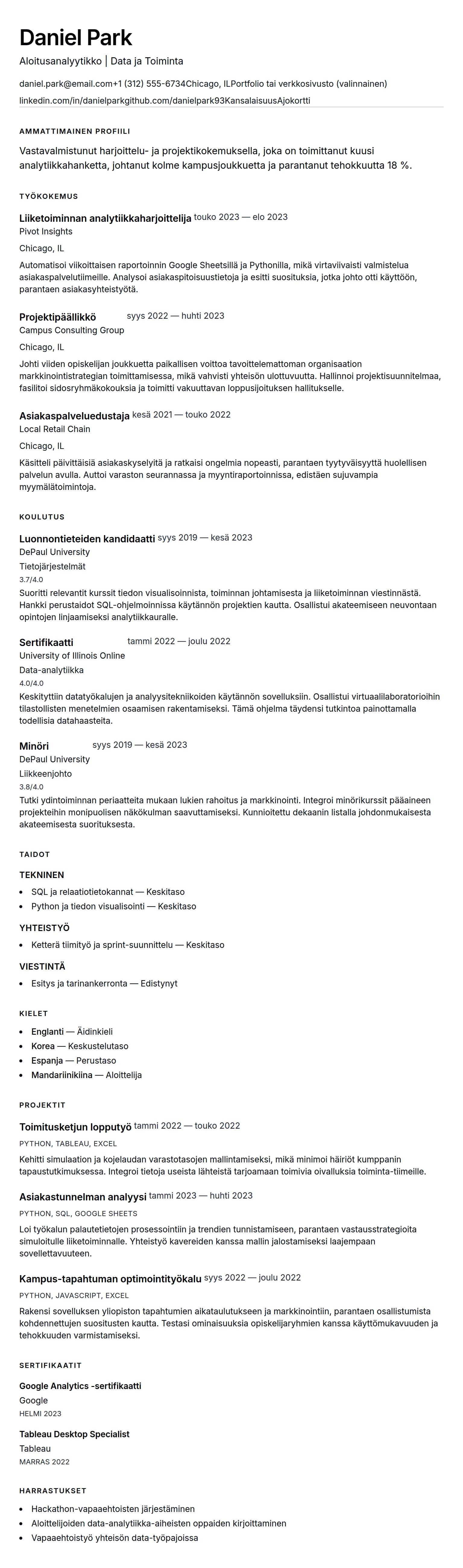 Ansioluetteloesikatselu kohteelle Aloitusrekrytoijan CV Esimerkki