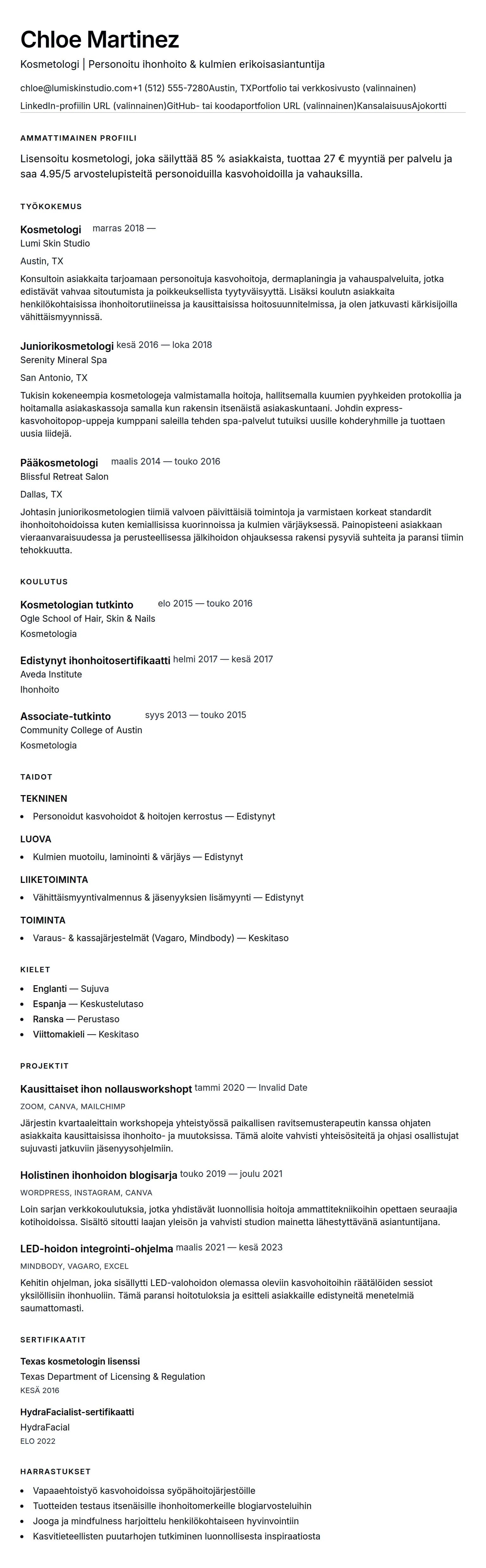 Ansioluetteloesikatselu kohteelle Kosmetologin ansioluetteloesimerkki