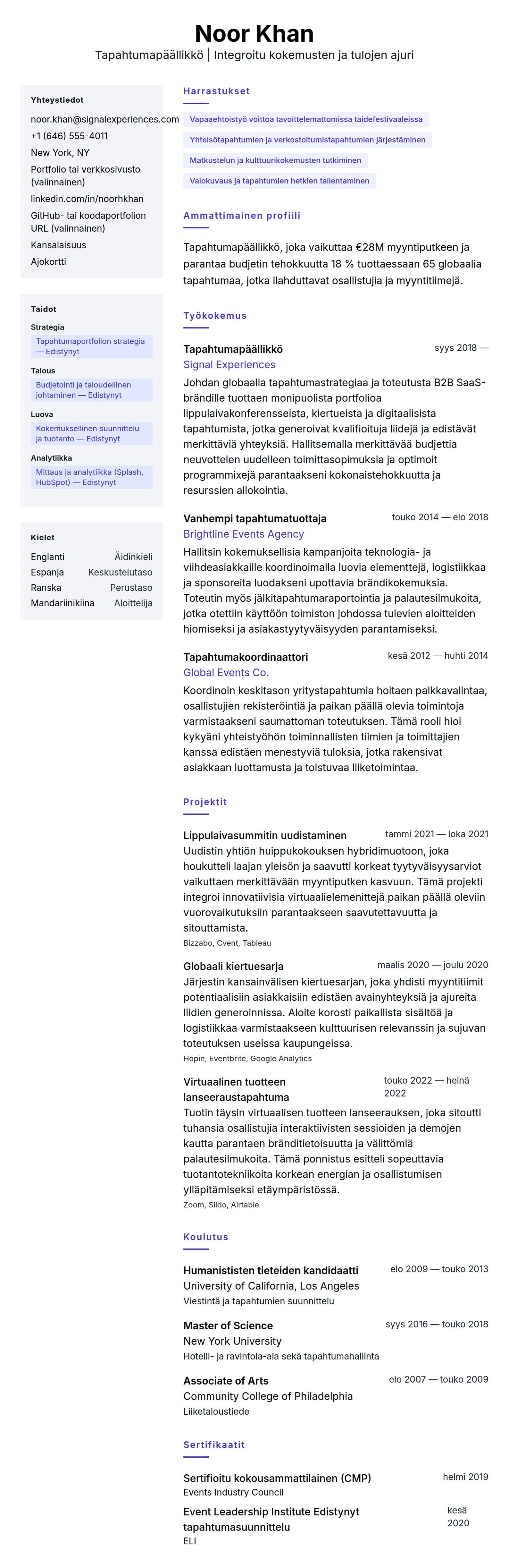 Ansioluetteloesikatselu kohteelle Tapahtumapäällikön ansioluettelo-esimerkki