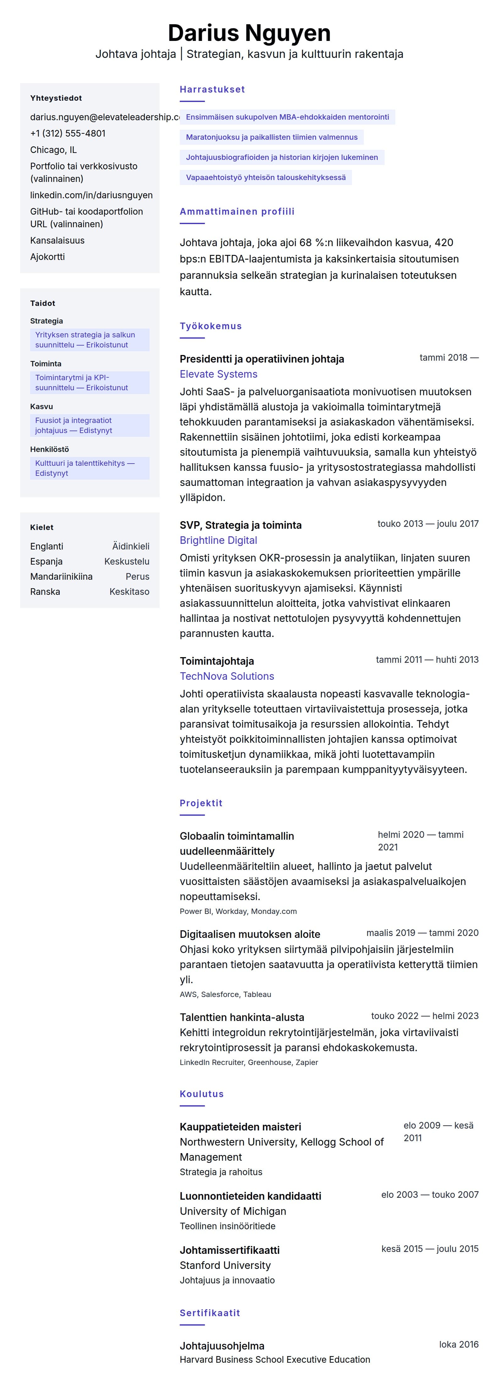 Ansioluetteloesikatselu kohteelle Johtava johtaja - CV-esimerkki
