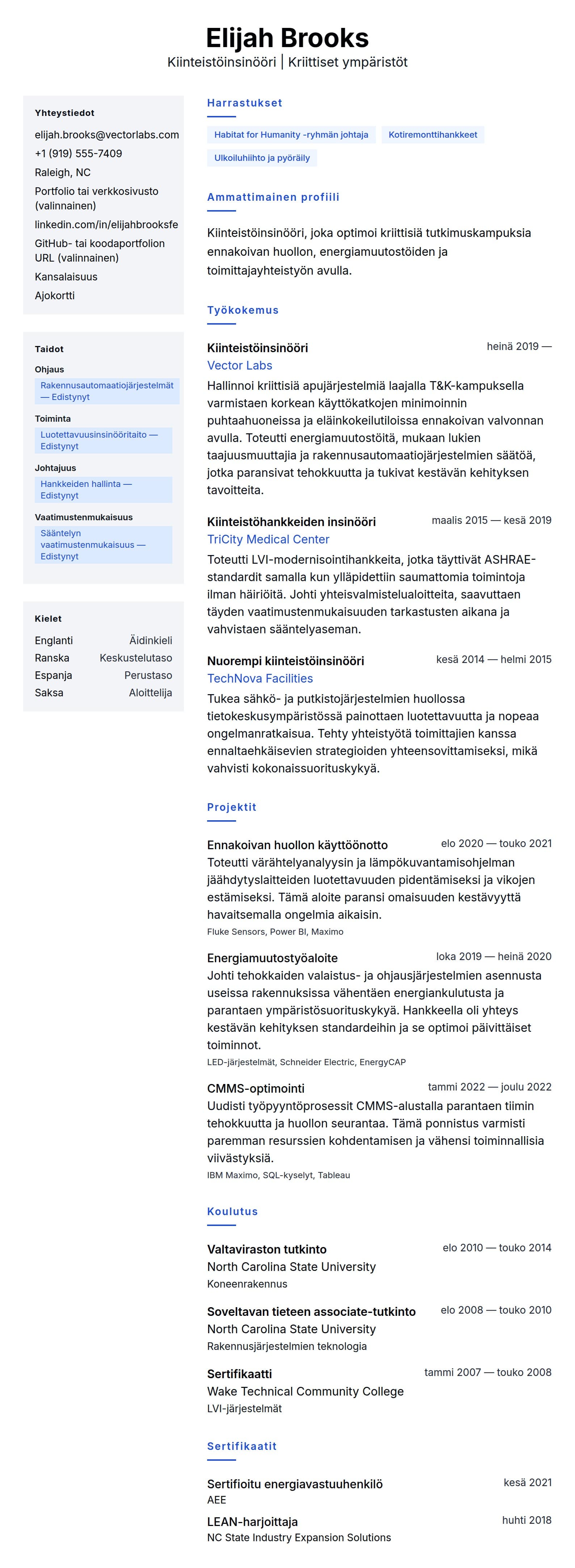 Ansioluetteloesikatselu kohteelle Kiinteistöinsinööri CV-esimerkki