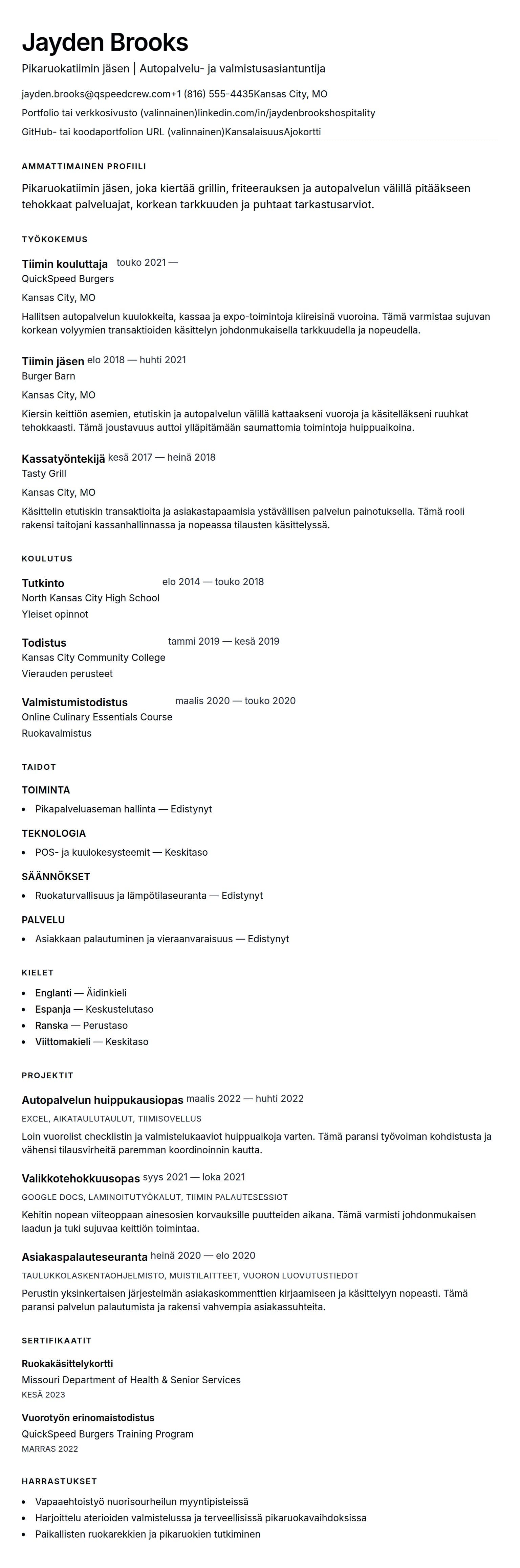 Ansioluetteloesikatselu kohteelle Pikaruokatyöntekijän ansioluettelon esimerkki