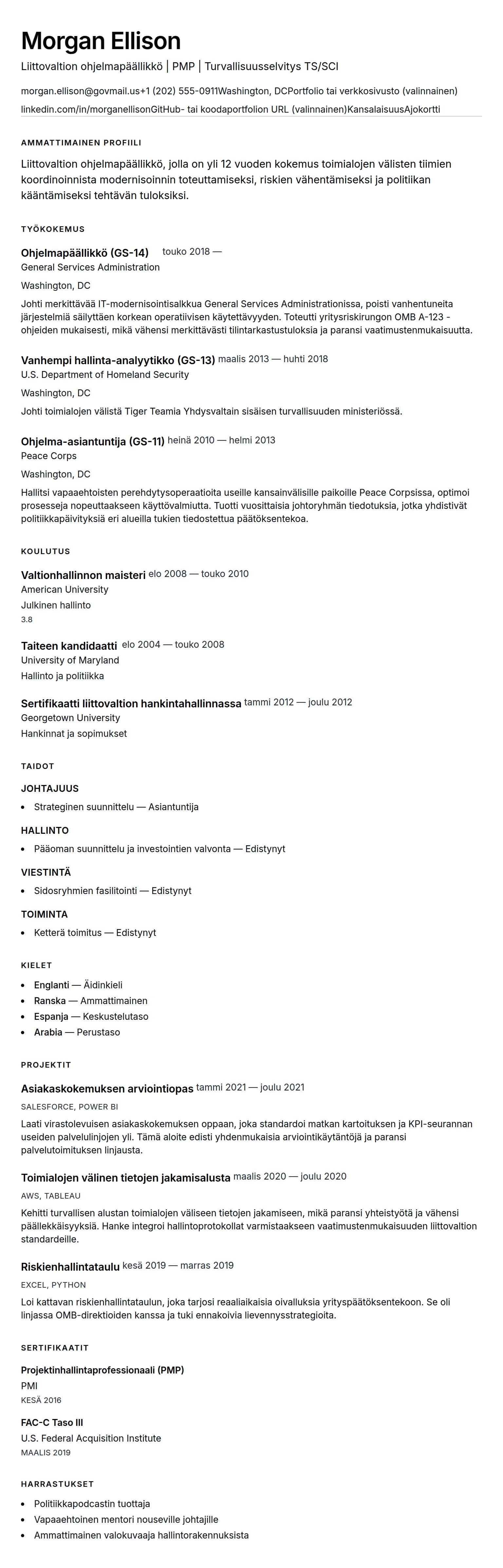 Ansioluetteloesikatselu kohteelle Liittovaltion työntekijän ansioluetteloesimerkki