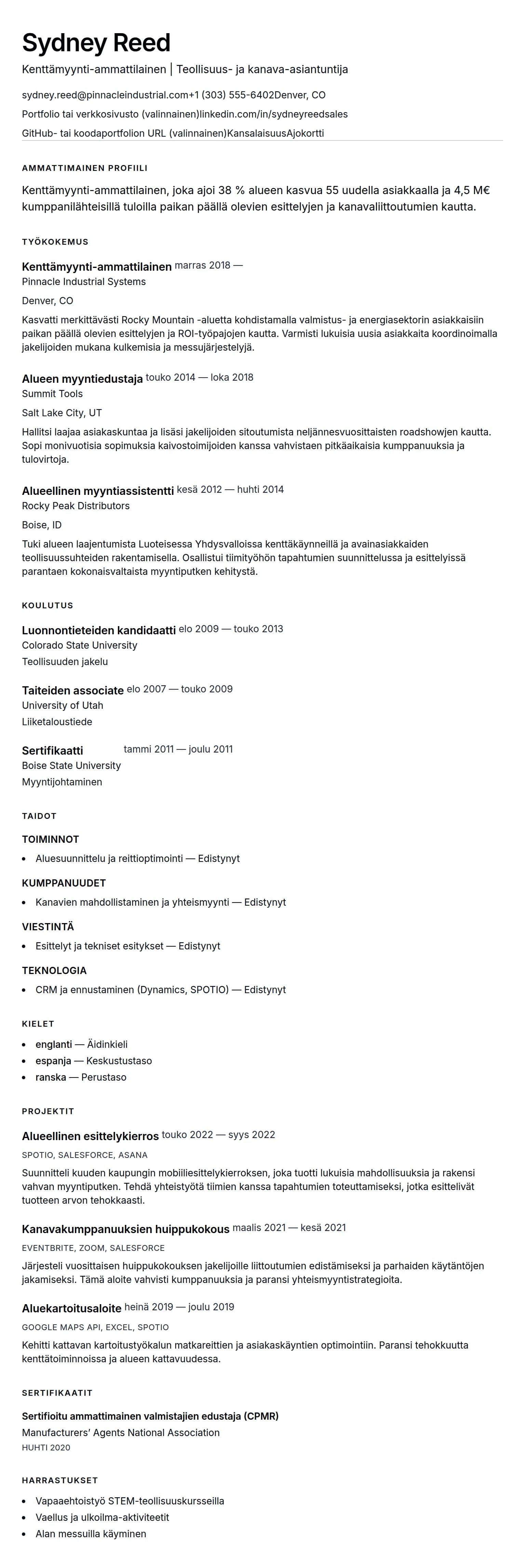 Ansioluetteloesikatselu kohteelle Kenttämyynti-ammattilaisen ansioluetteloesimerkki