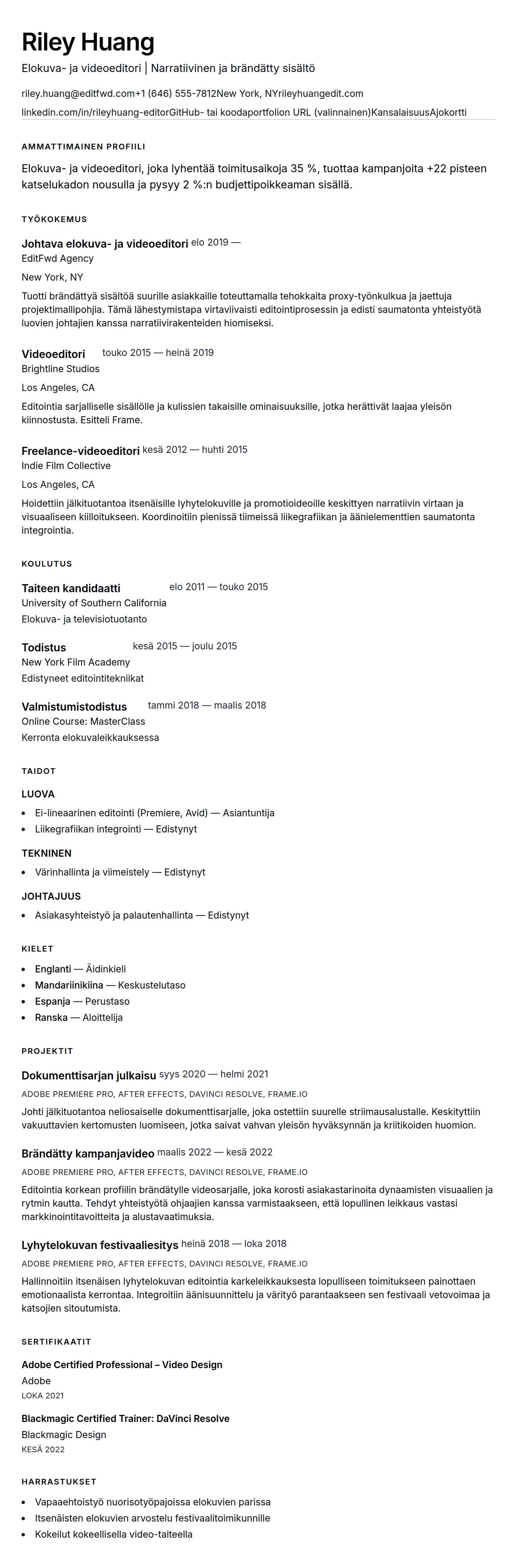 Ansioluetteloesikatselu kohteelle Elokuva- ja videoeditorin CV-esimerkki
