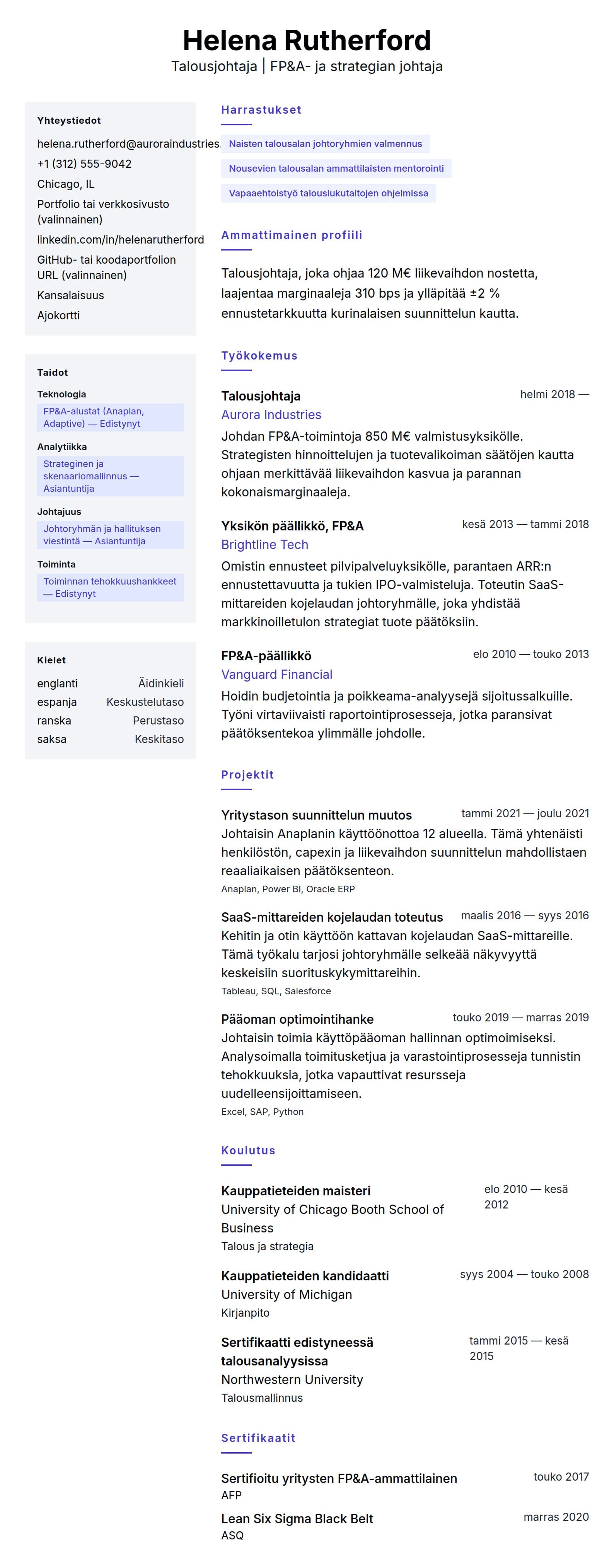 Ansioluetteloesikatselu kohteelle Talousjohtajan ansioluettelo esimerkki