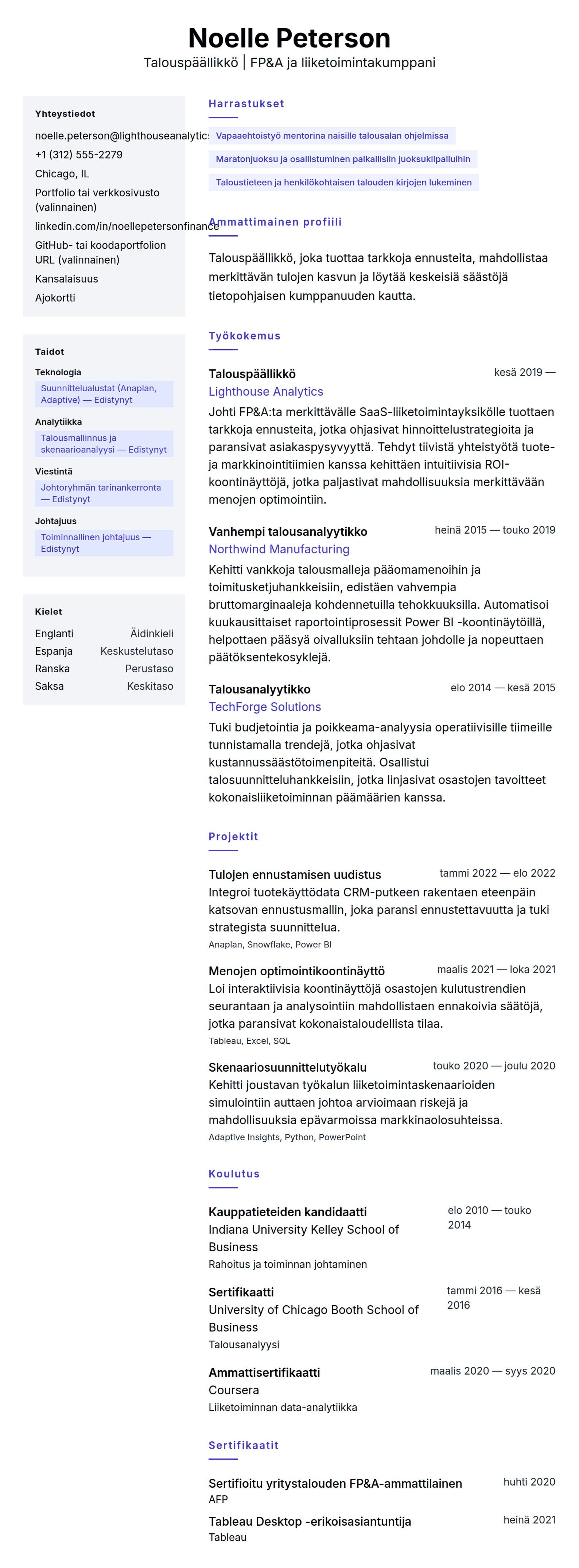 Ansioluetteloesikatselu kohteelle Talouspäällikön ansioluettelon esimerkki
