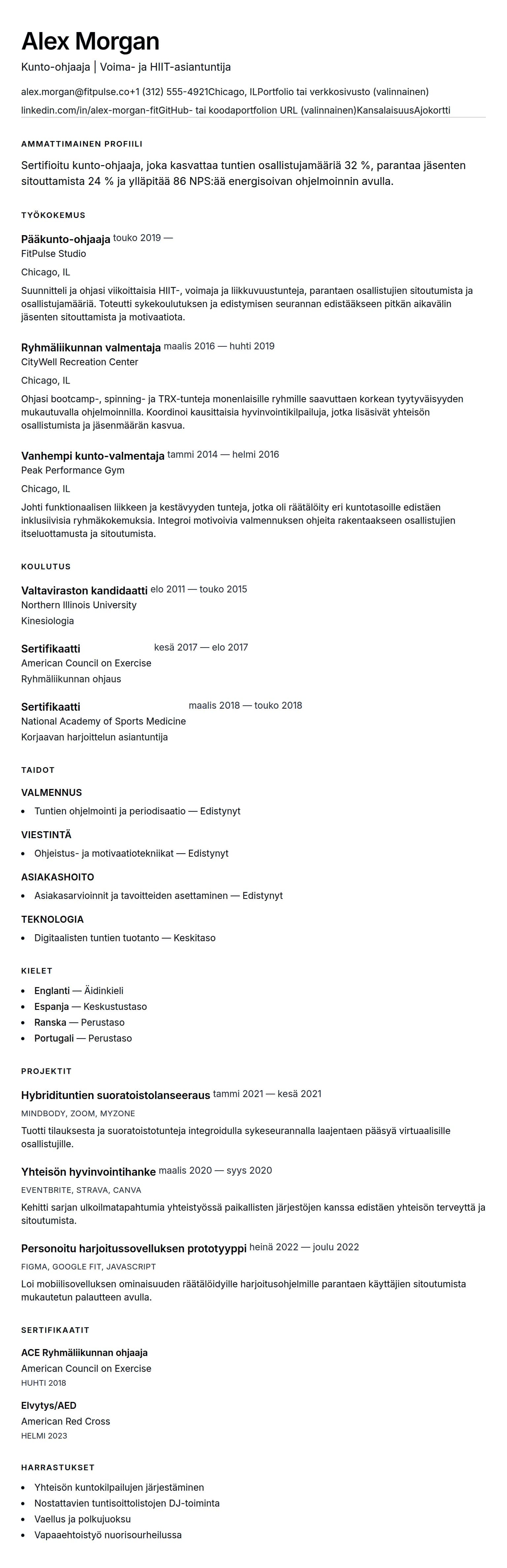Ansioluetteloesikatselu kohteelle Kunto-ohjaajan ansioluetteloesimerkki
