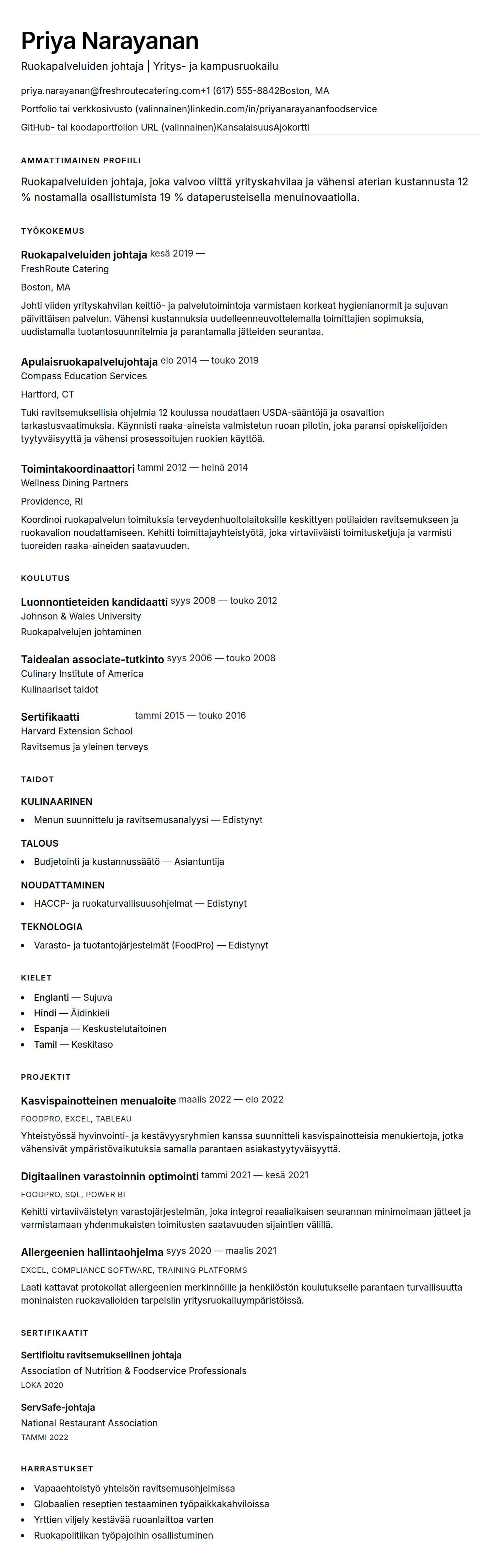 Ansioluetteloesikatselu kohteelle Ruokapalveluiden johtajan ansioluettelo-esimerkki