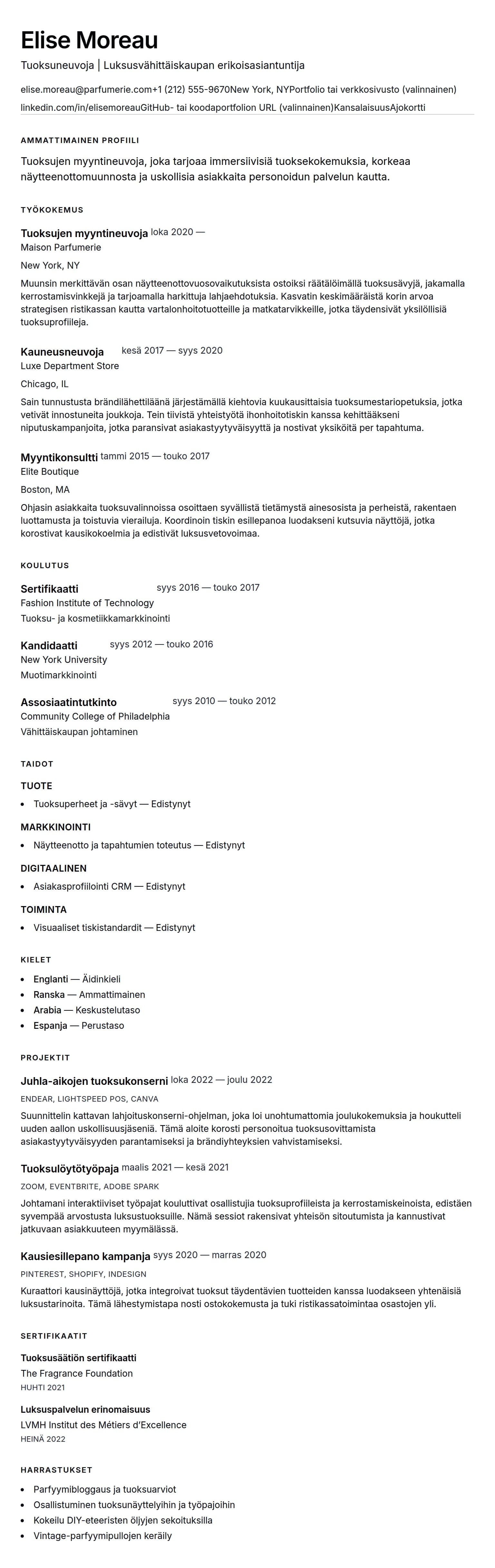 Ansioluetteloesikatselu kohteelle Tuoksujen myyntineuvojan ansioluetteloesimerkki
