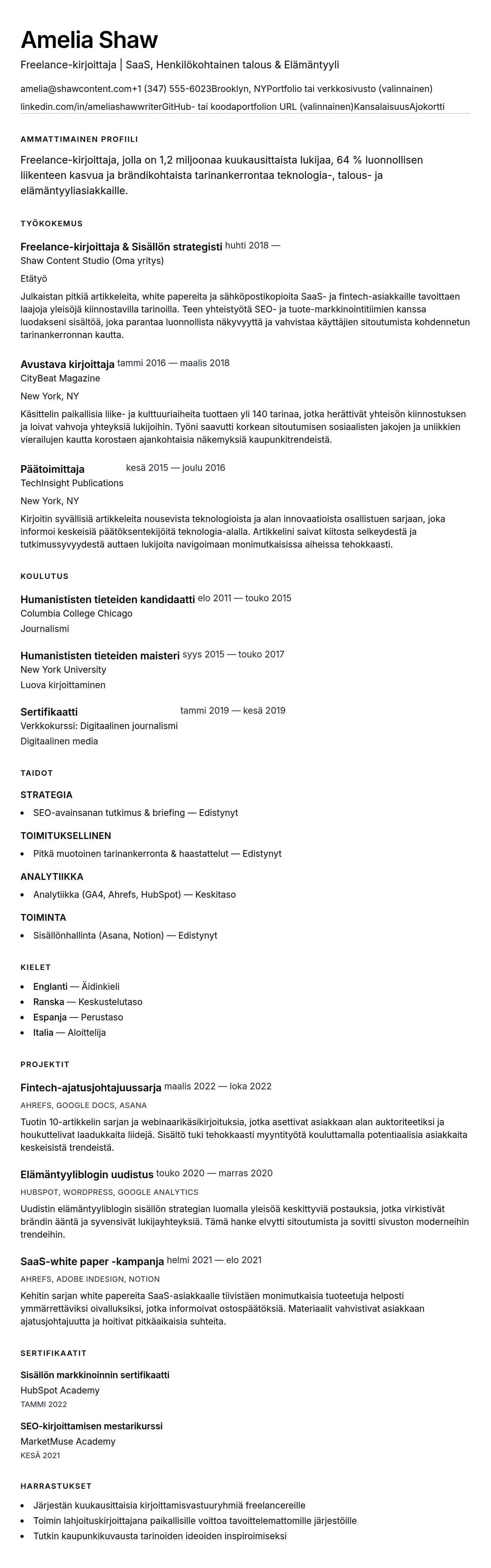 Ansioluetteloesikatselu kohteelle Freelance-kirjoittajan CV-esimerkki