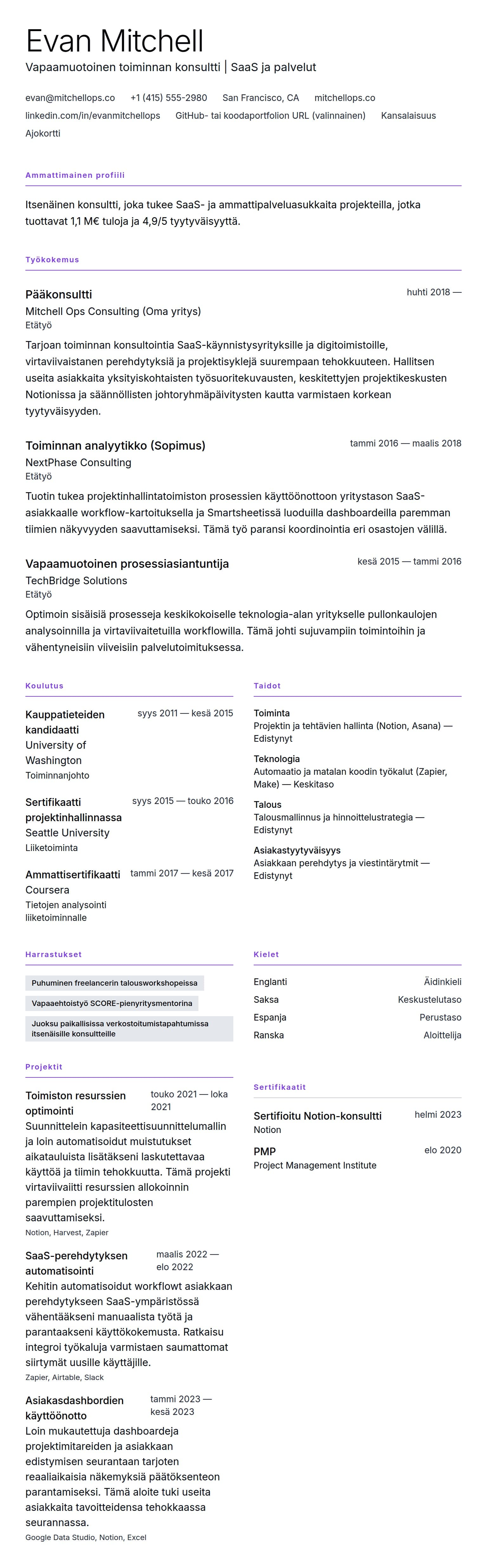 Ansioluetteloesikatselu kohteelle Freelancerin CV-esimerkki