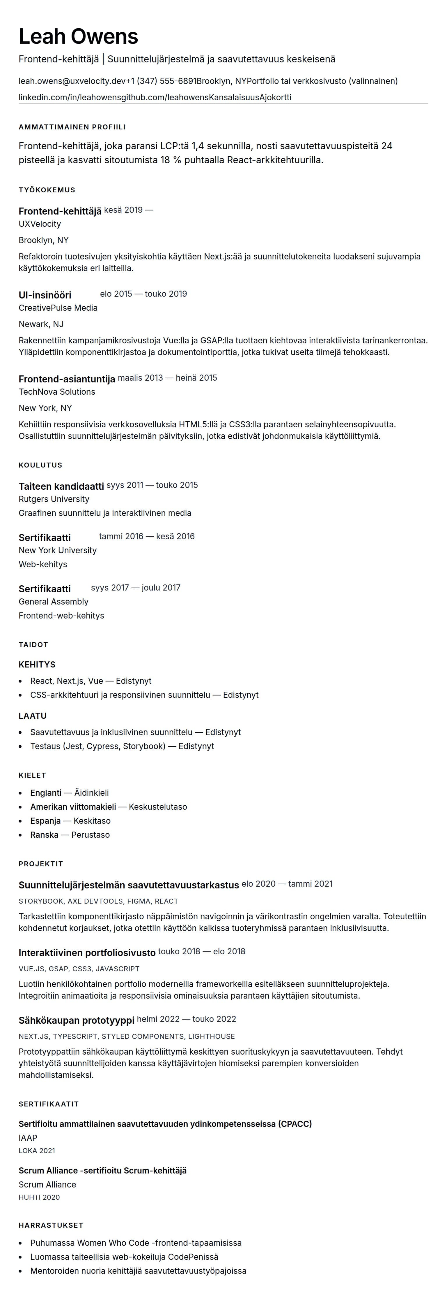 Ansioluetteloesikatselu kohteelle Frontend-kehittäjän ansioluetteloesimerkki