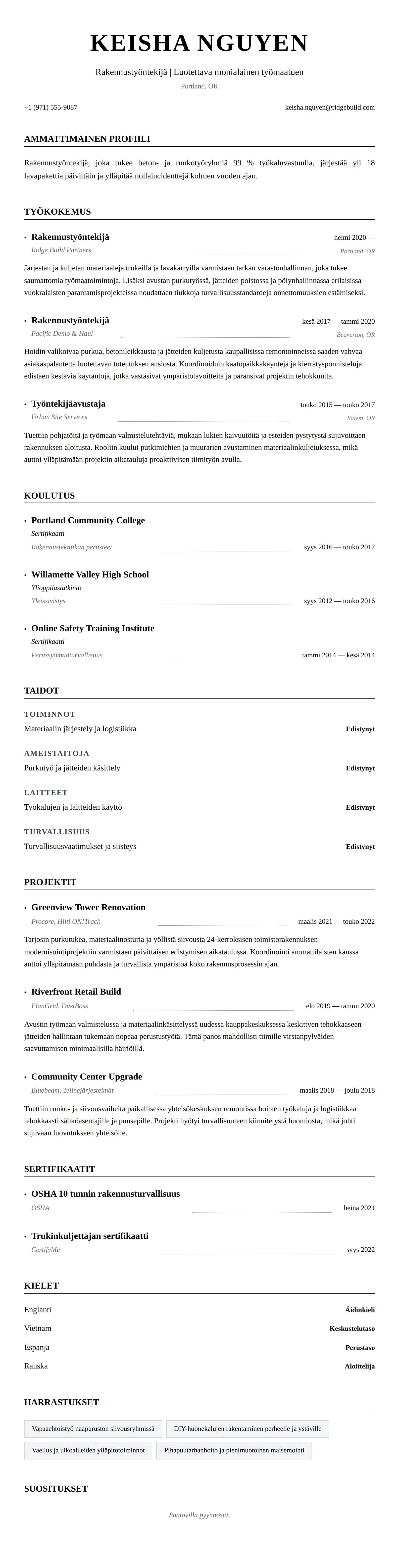 Ansioluetteloesikatselu kohteelle Rakennustyöntekijän ansioluettelon esimerkki