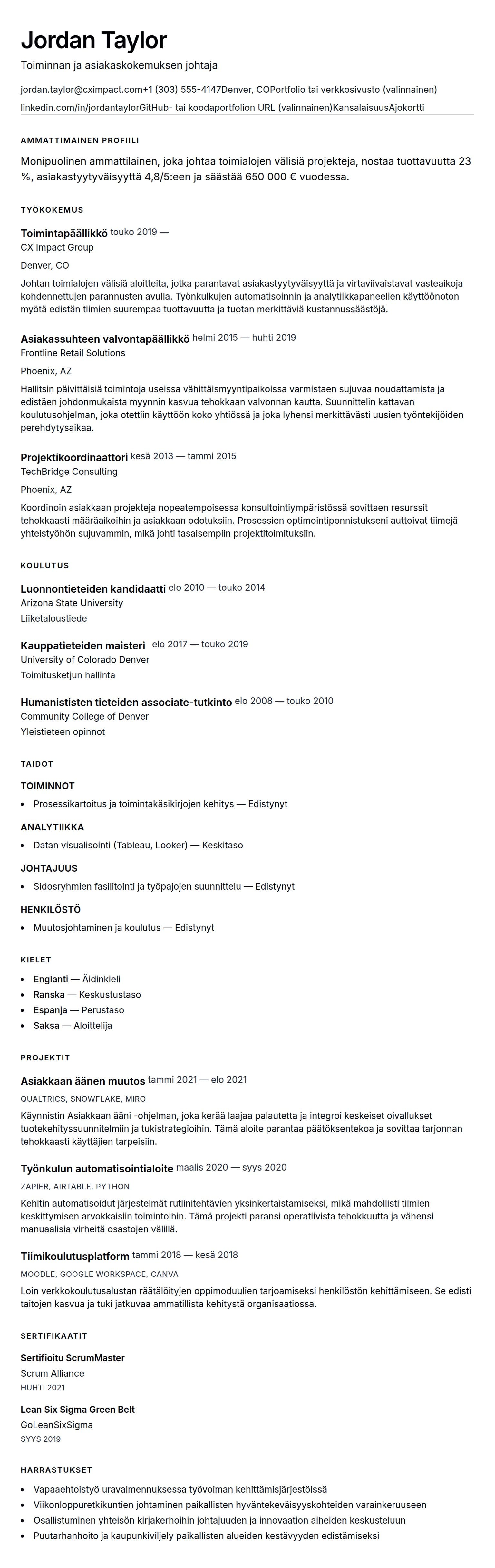Ansioluetteloesikatselu kohteelle Yleinen ansioluettelo - Esimerkki