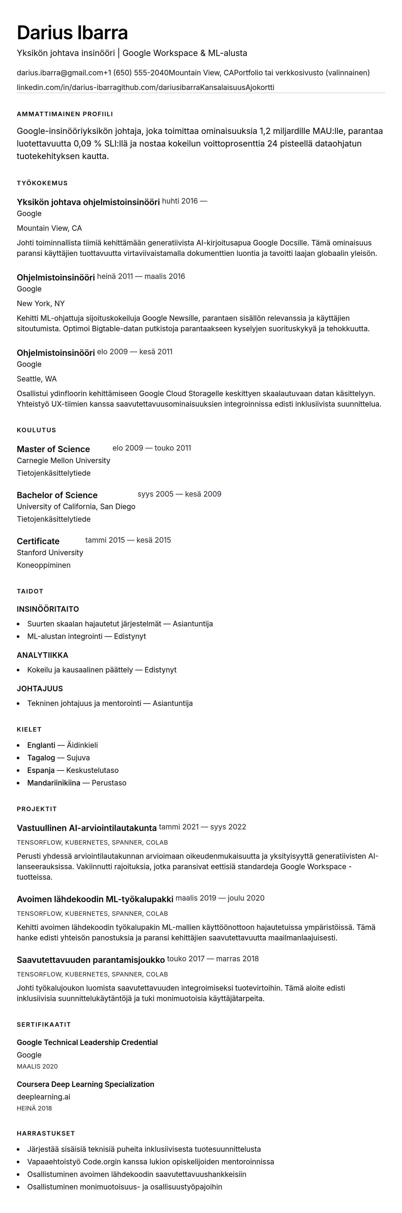 Ansioluetteloesikatselu kohteelle Google CV Esimerkki