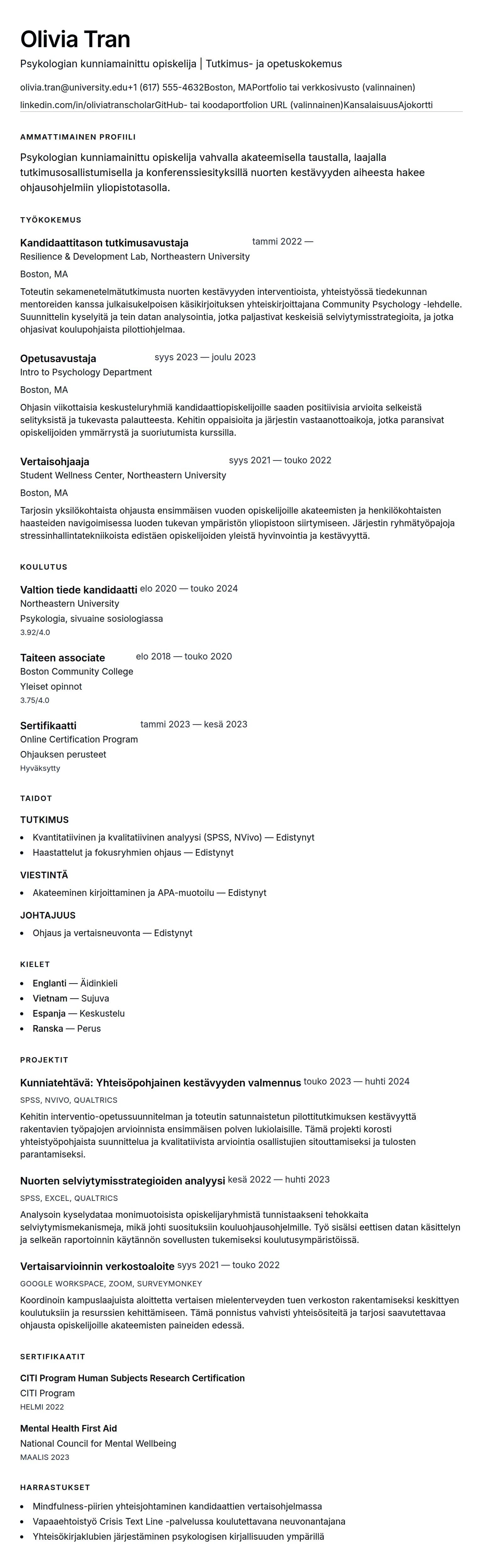 Ansioluetteloesikatselu kohteelle Yliopistotutkintoa hakevan ansioluettelo-esimerkki