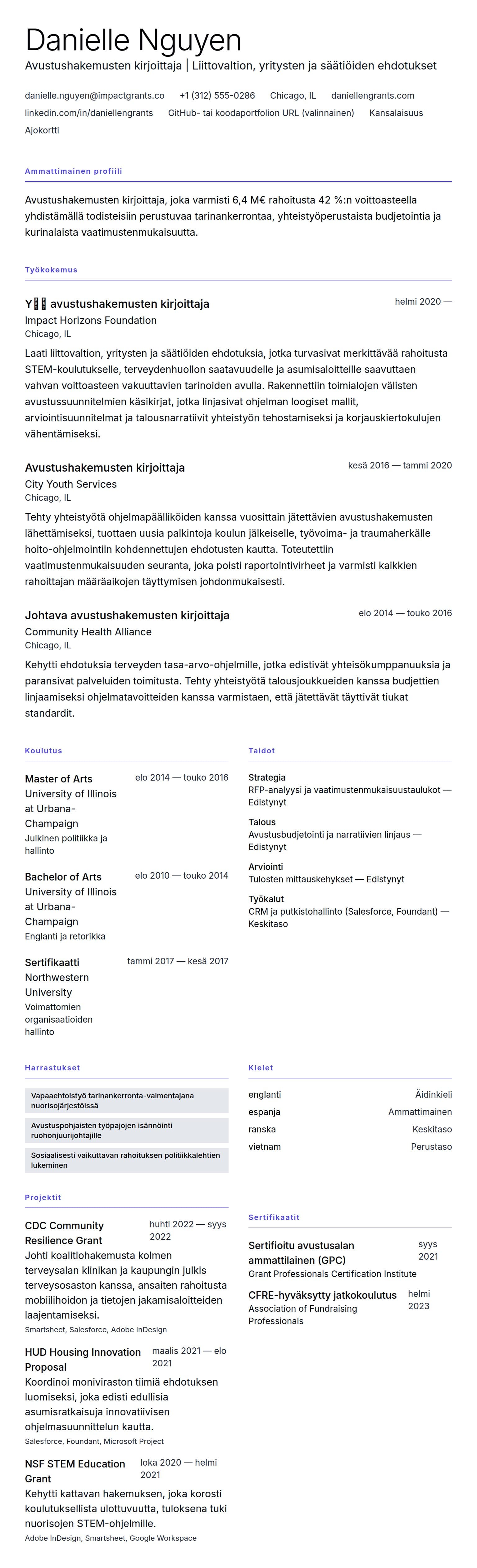 Ansioluetteloesikatselu kohteelle Avustushakemusten kirjoittajan ansioluetteloesimerkki