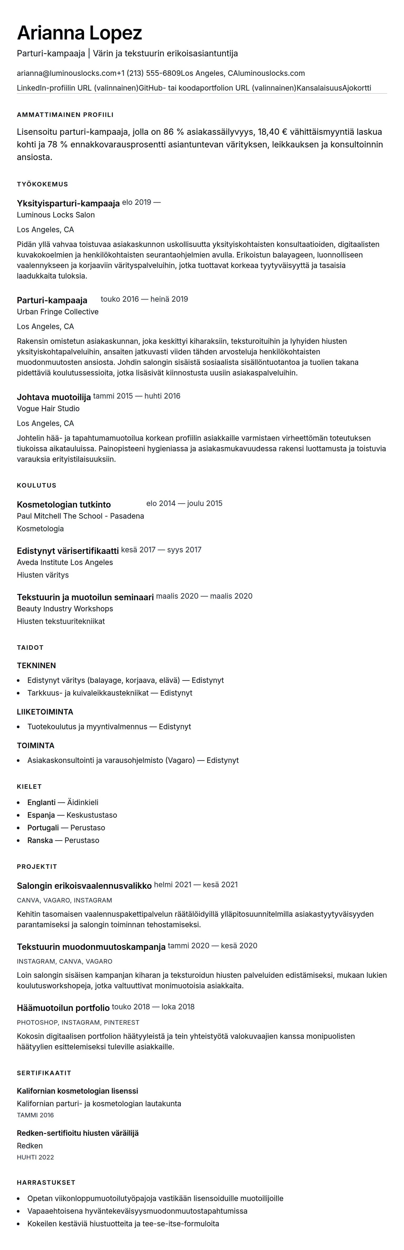 Ansioluetteloesikatselu kohteelle Parturi-kampaajan ansioluettelo-esimerkki