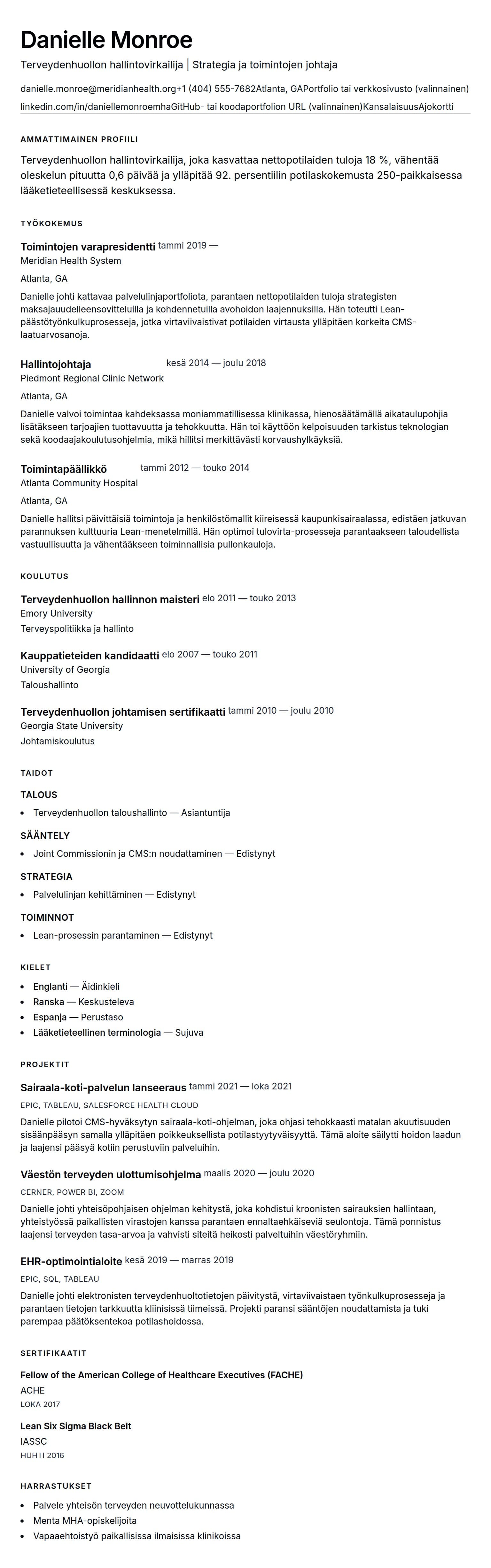 Ansioluetteloesikatselu kohteelle Terveydenhuollon hallinnon ansioluetteloesimerkki