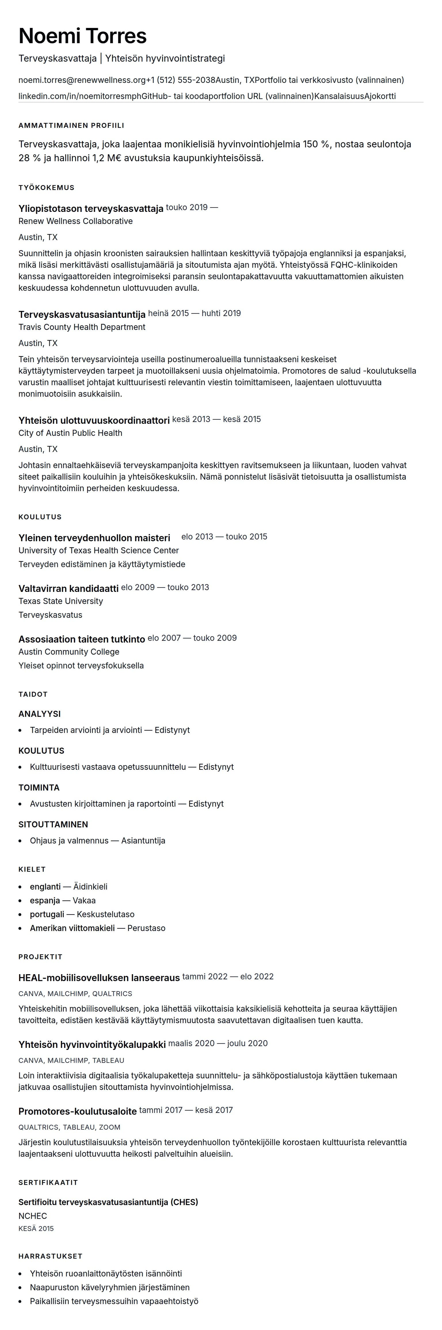 Ansioluetteloesikatselu kohteelle Terveyskasvattajan ansioluettelon esimerkki