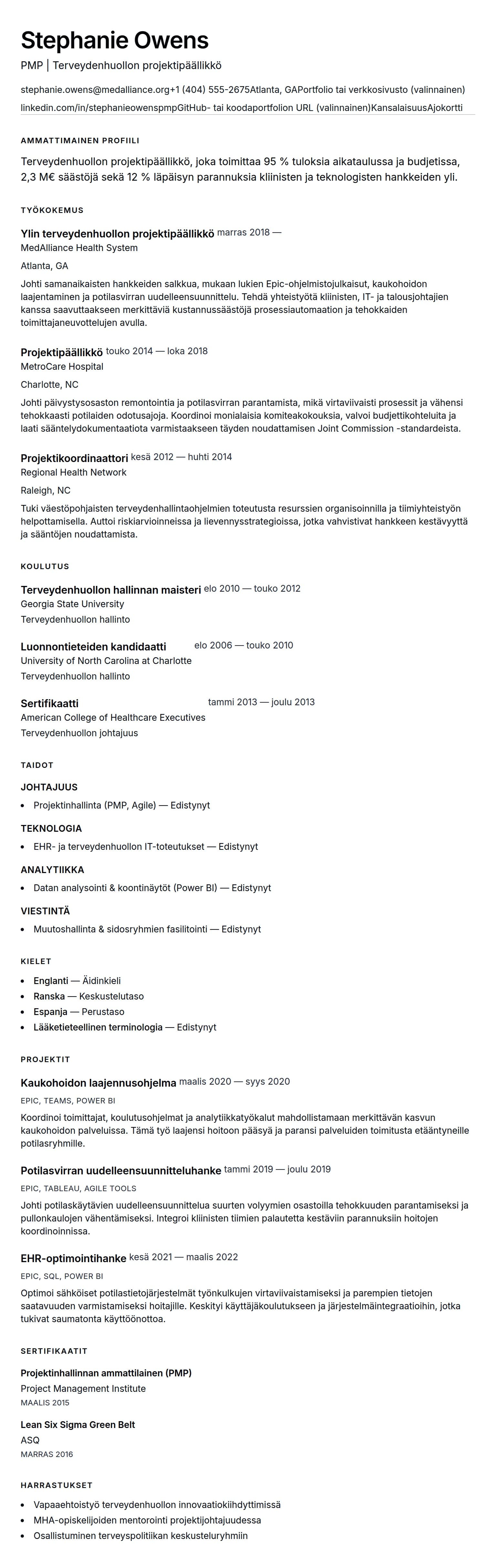 Ansioluetteloesikatselu kohteelle Terveydenhuollon projektipäällikön ansioluetteloesimerkki