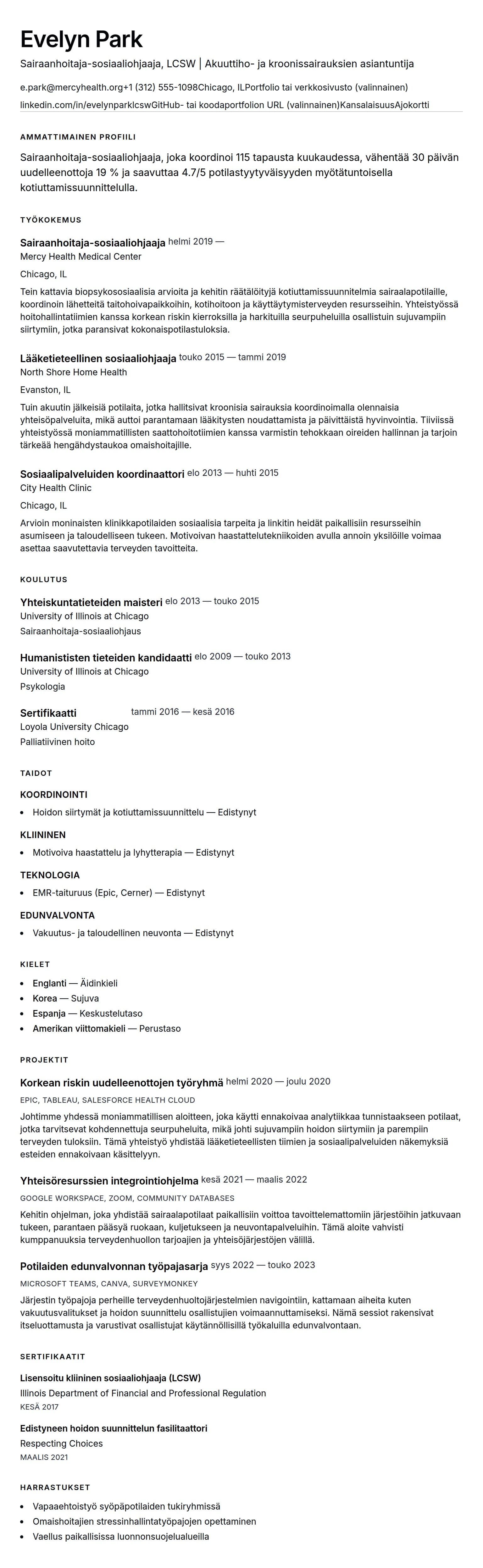 Ansioluetteloesikatselu kohteelle Sairaanhoitaja-sosiaaliohjaajan ansioluettelo-esimerkki