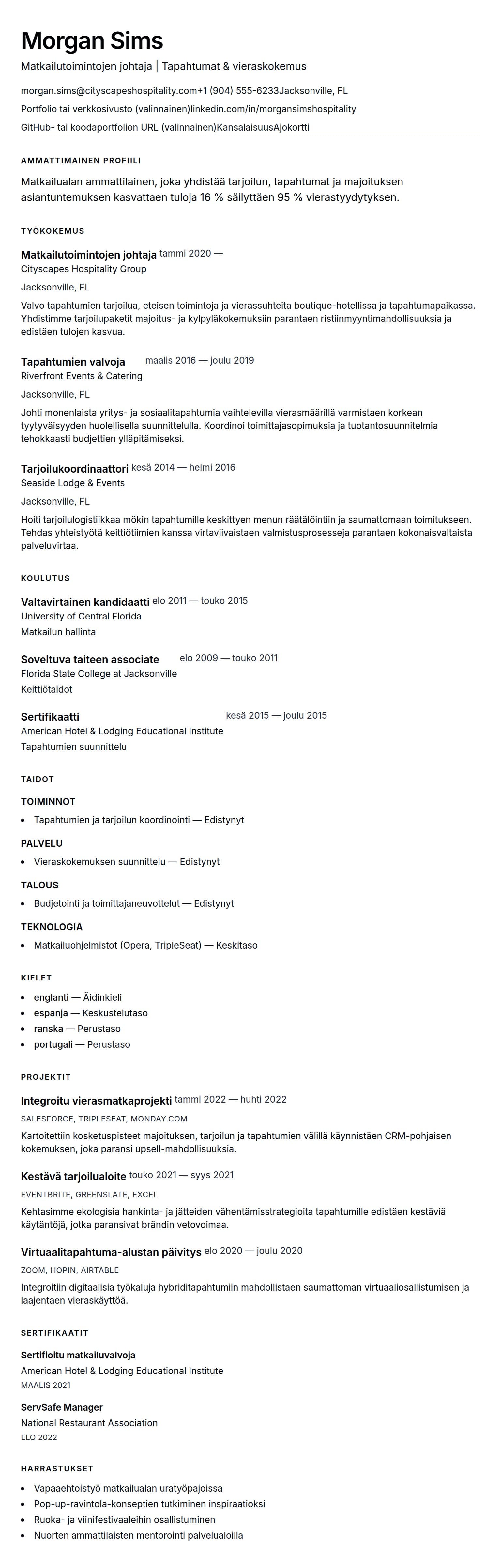 Ansioluetteloesikatselu kohteelle Matkailu- ja tarjoilualan ammattilaisen ansioluetteloesimerkki
