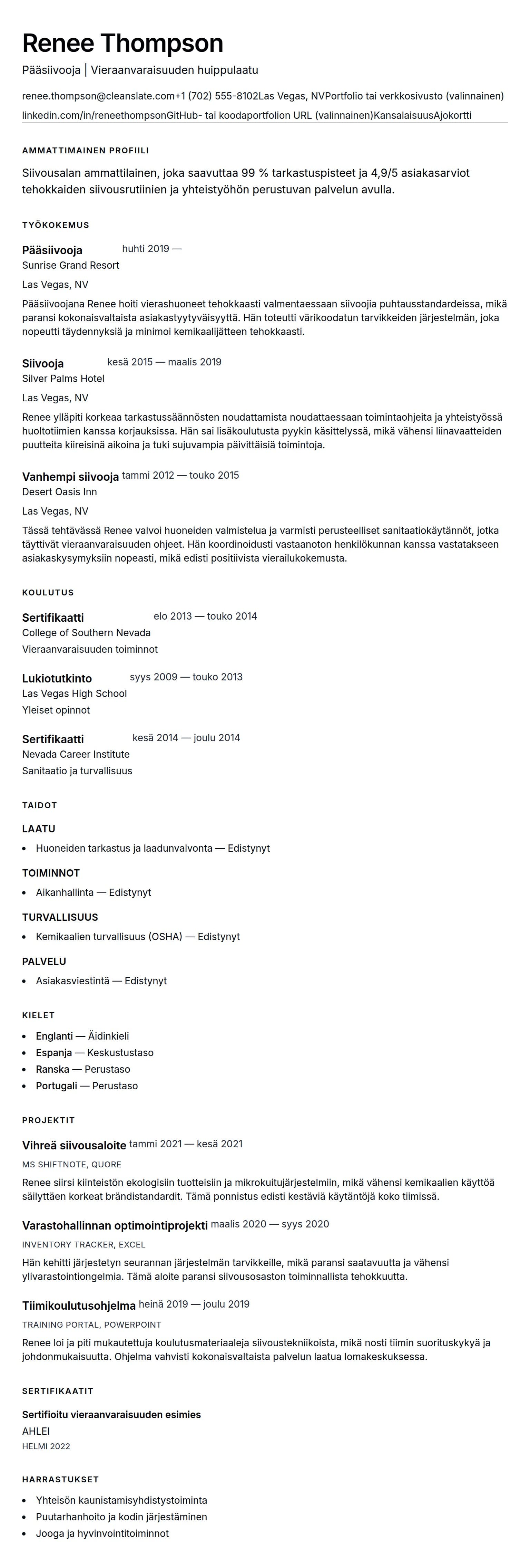 Ansioluetteloesikatselu kohteelle Siivoustyöntekijän ansioluetteloesimerkki