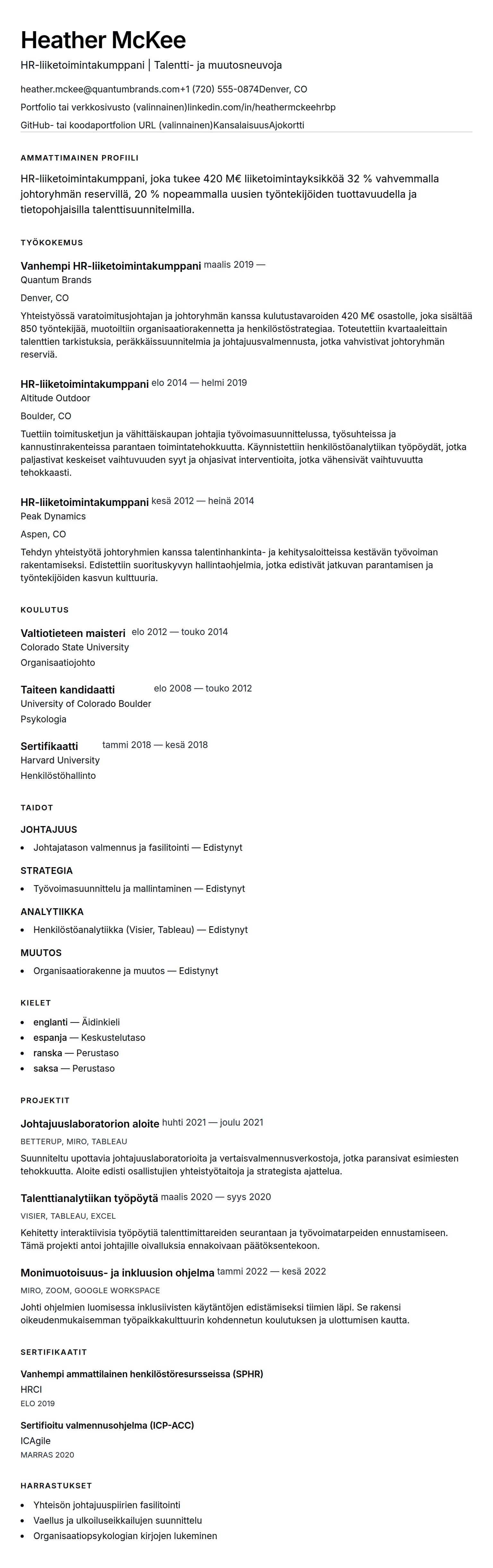 Ansioluetteloesikatselu kohteelle HR-liiketoimintakumppanin ansioluetteloesimerkki