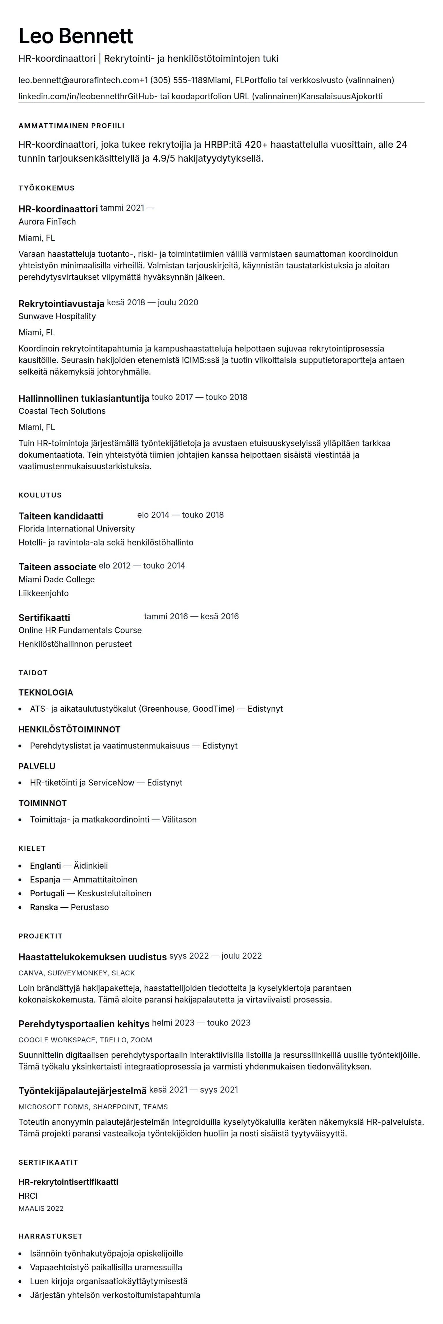 Ansioluetteloesikatselu kohteelle HR-koordinaattorin ansioluetteloesimerkki