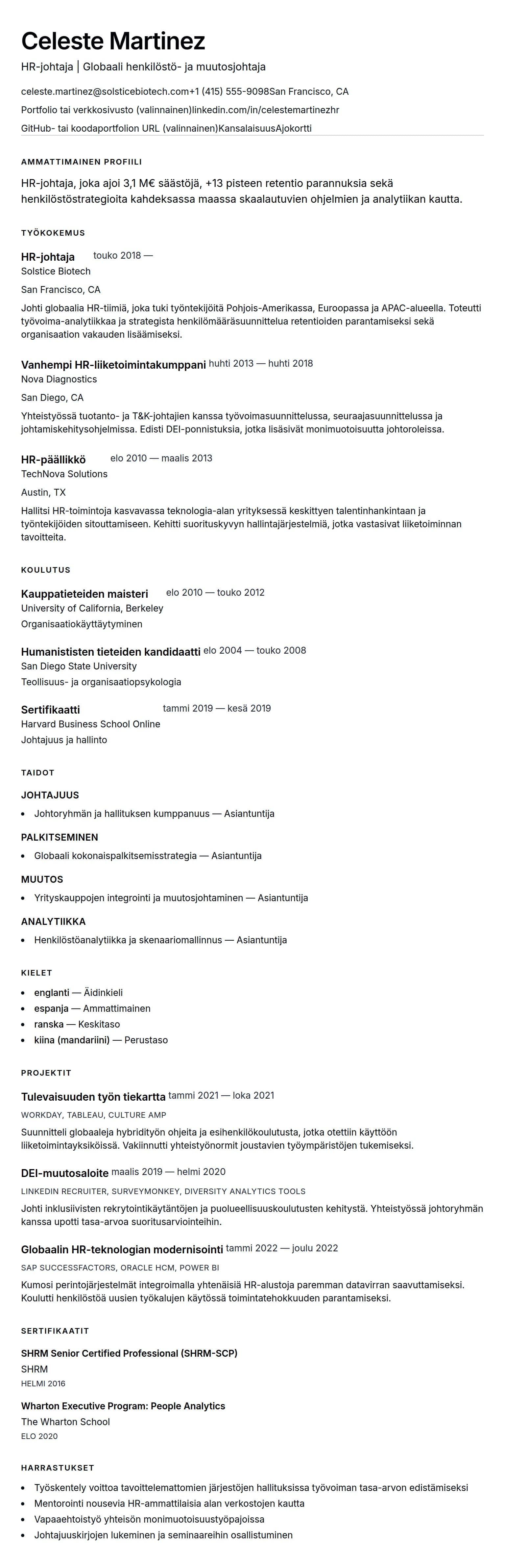 Ansioluetteloesikatselu kohteelle HR-johtajan ansioluetteloesimerkki