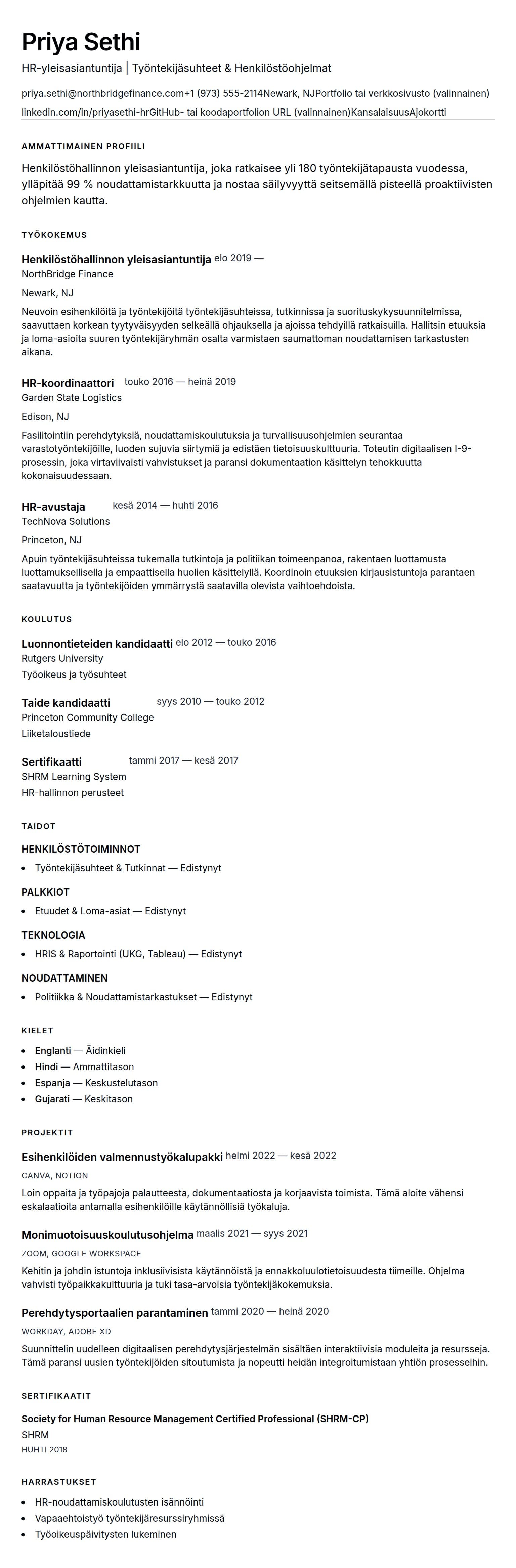Ansioluetteloesikatselu kohteelle Henkilöstöhallinnon yleisasiantuntijan ansioluetteloesimerkki