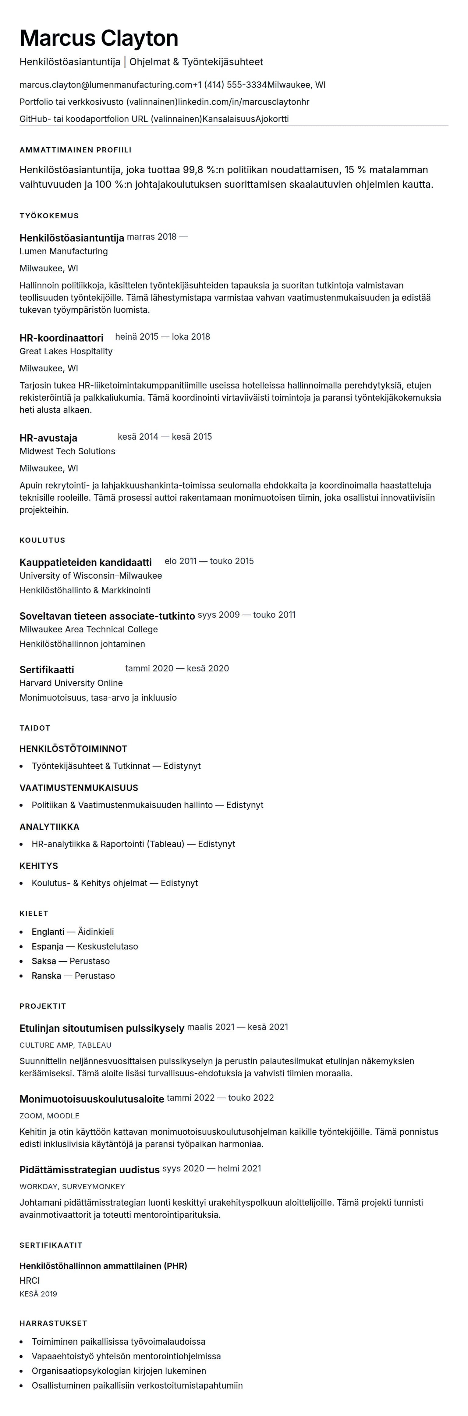 Ansioluetteloesikatselu kohteelle Henkilöstöasiantuntijan ansioluettelon esimerkki