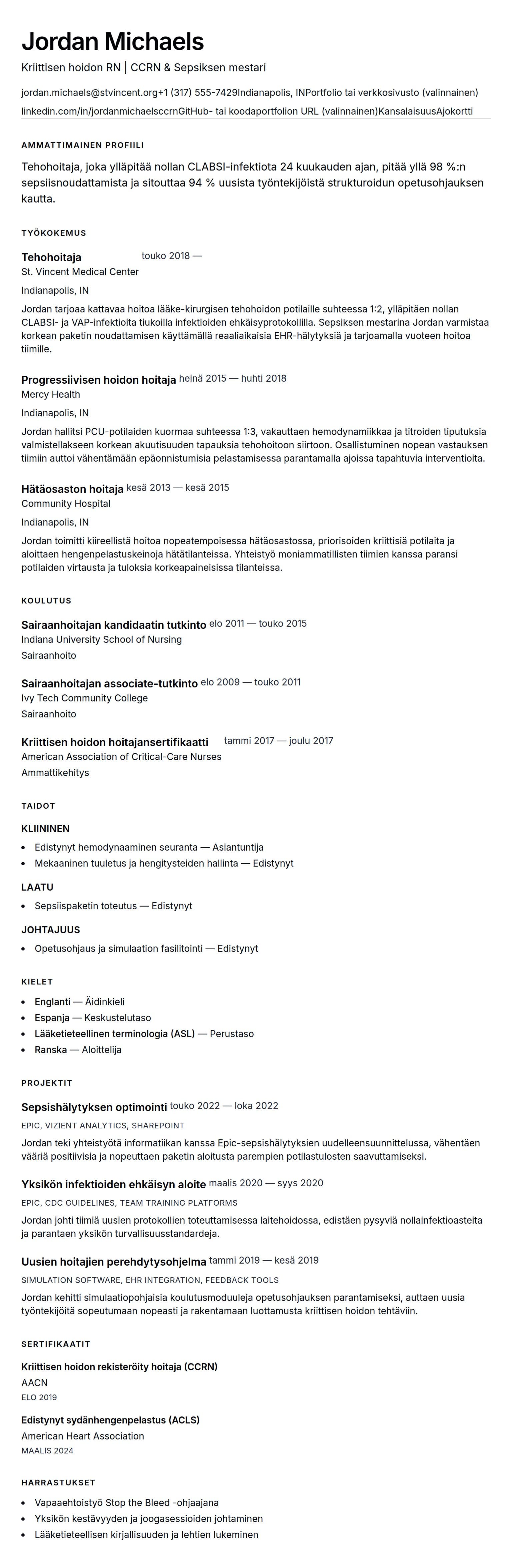 Ansioluetteloesikatselu kohteelle Tehohoitajan ansioluettelon esimerkki