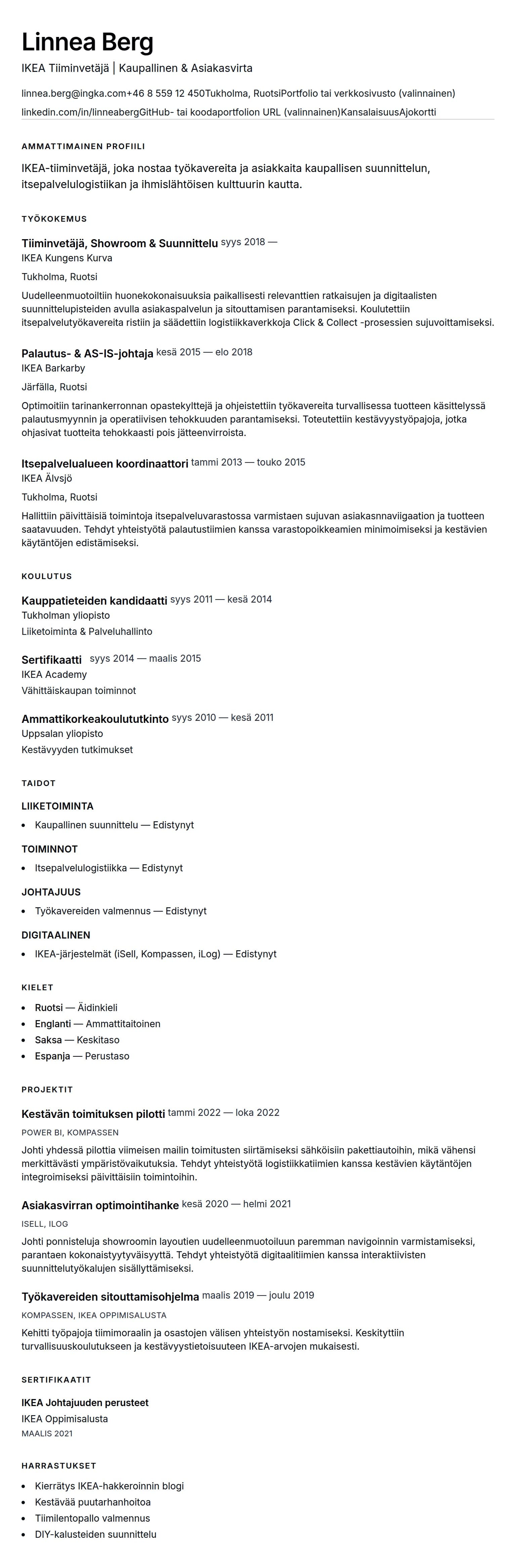 Ansioluetteloesikatselu kohteelle IKEA Tiiminvetäjän CV-esimerkki