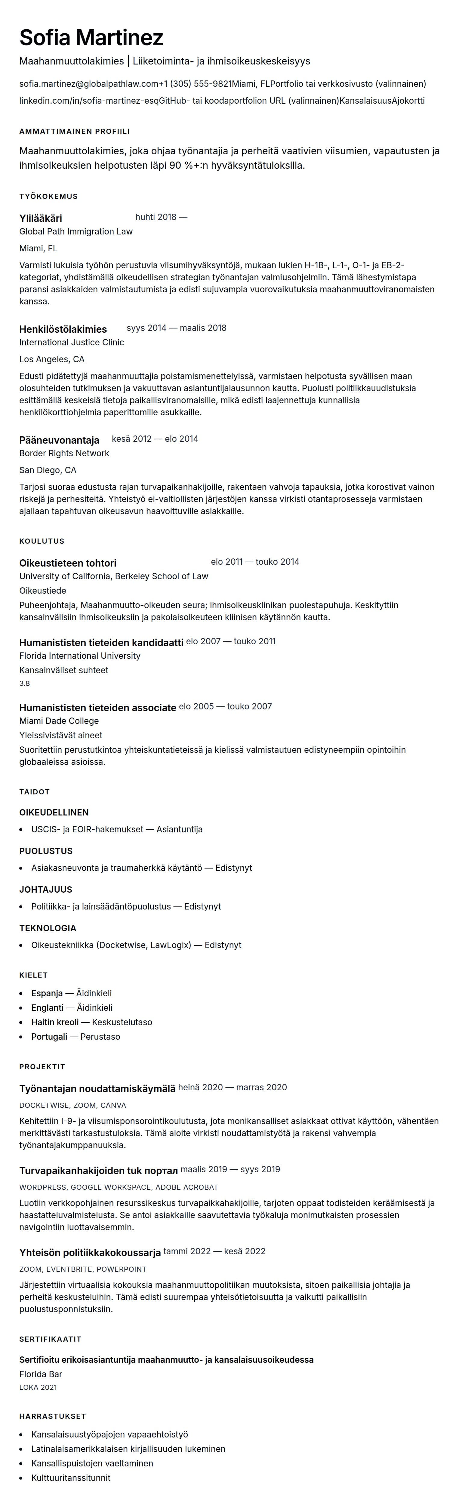 Ansioluetteloesikatselu kohteelle Maahanmuuttolakimiehen ansioluetteloesimerkki