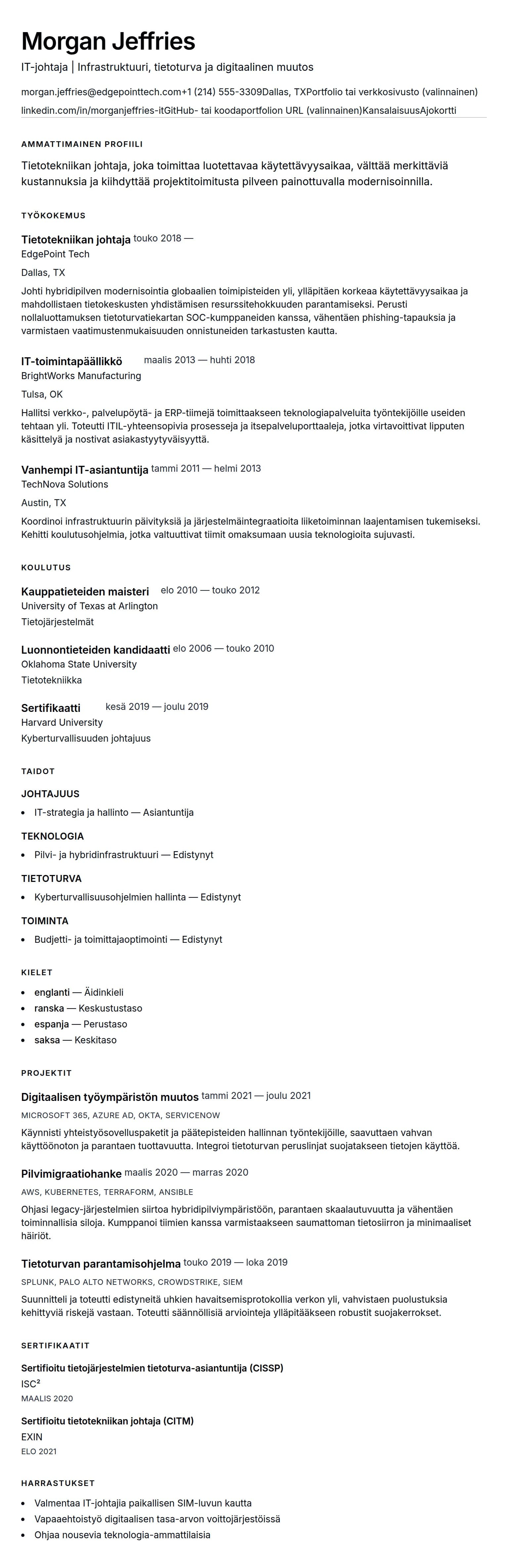 Ansioluetteloesikatselu kohteelle Tietotekniikan ammattilaisen ansioluetteloesimerkki