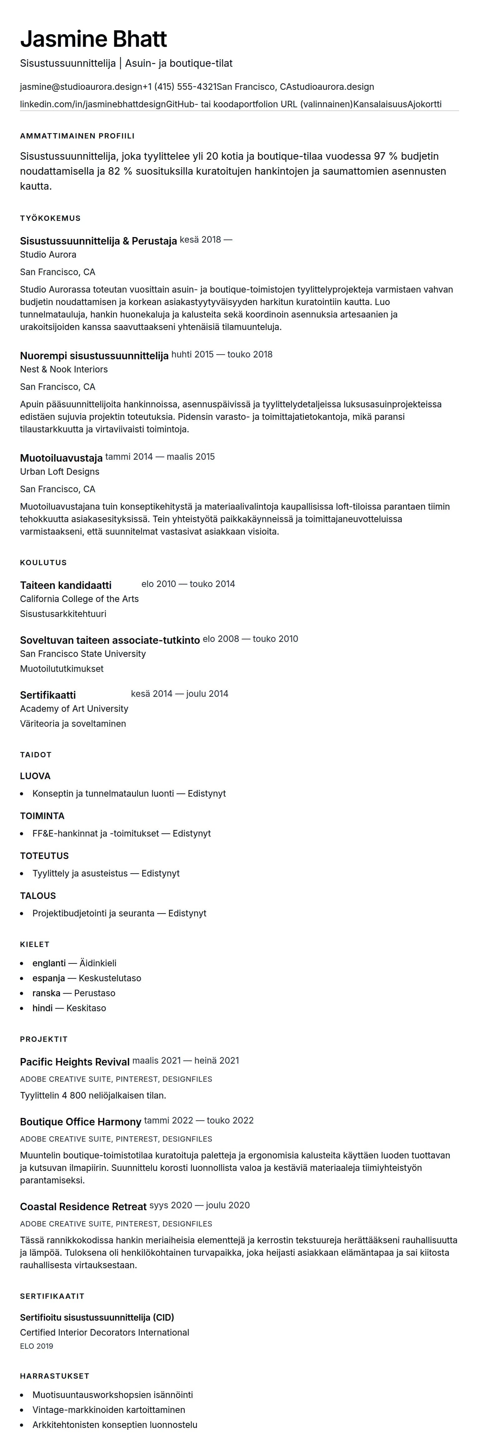 Ansioluetteloesikatselu kohteelle Sisustussuunnittelijan CV-esimerkki