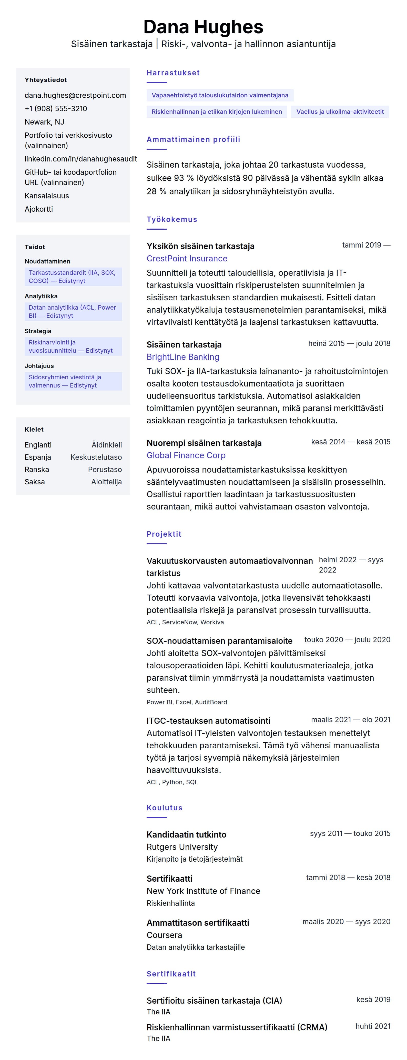 Ansioluetteloesikatselu kohteelle Sisäinen tarkastaja CV-esimerkki