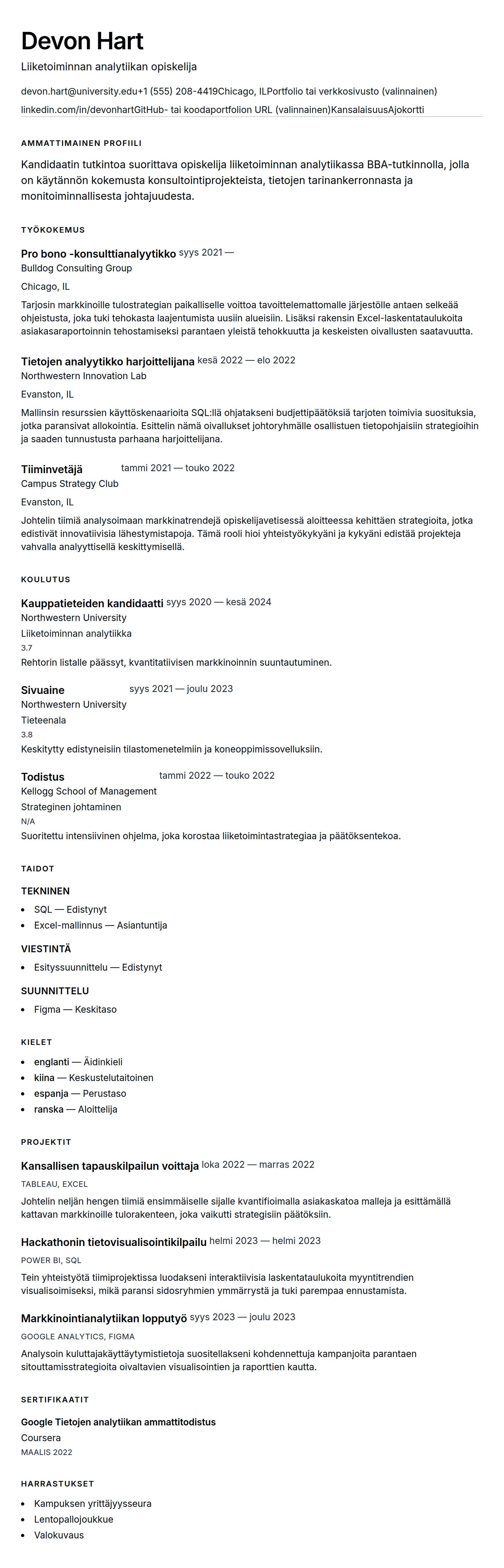 Ansioluetteloesikatselu kohteelle Harjoittelun ansioluetteloesimerkki