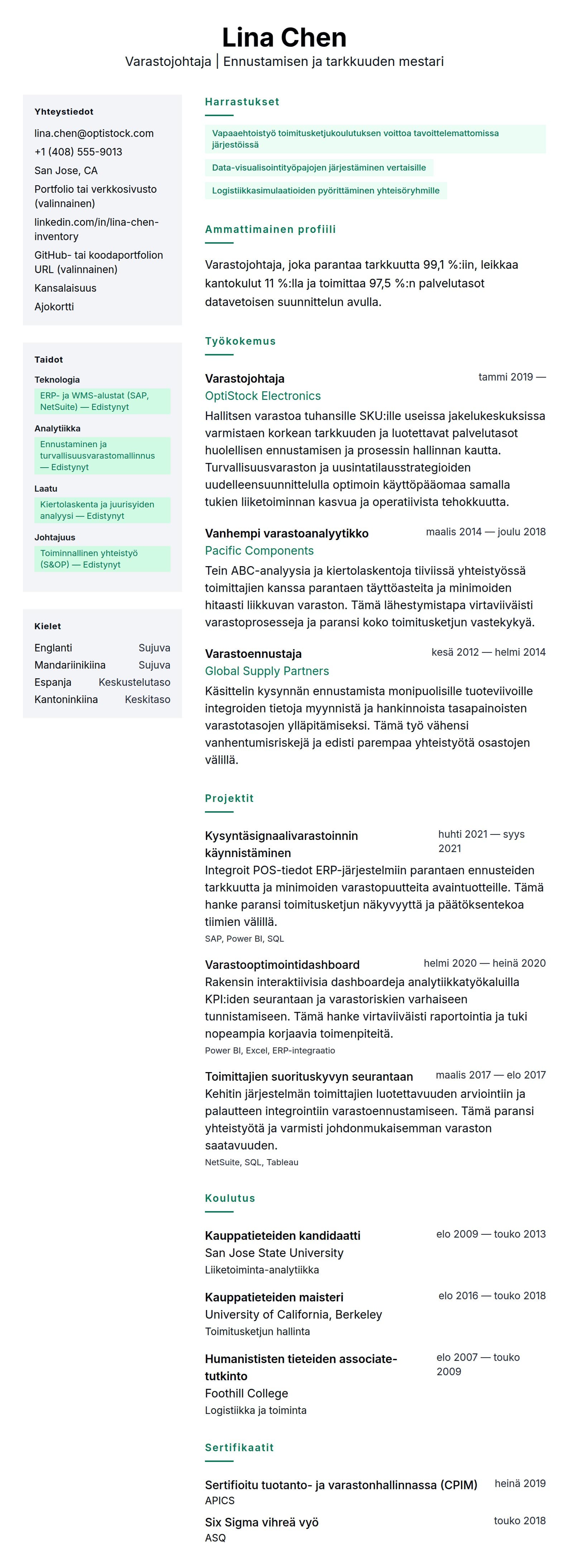 Ansioluetteloesikatselu kohteelle Varastojohtajan ansioluetteloesimerkki