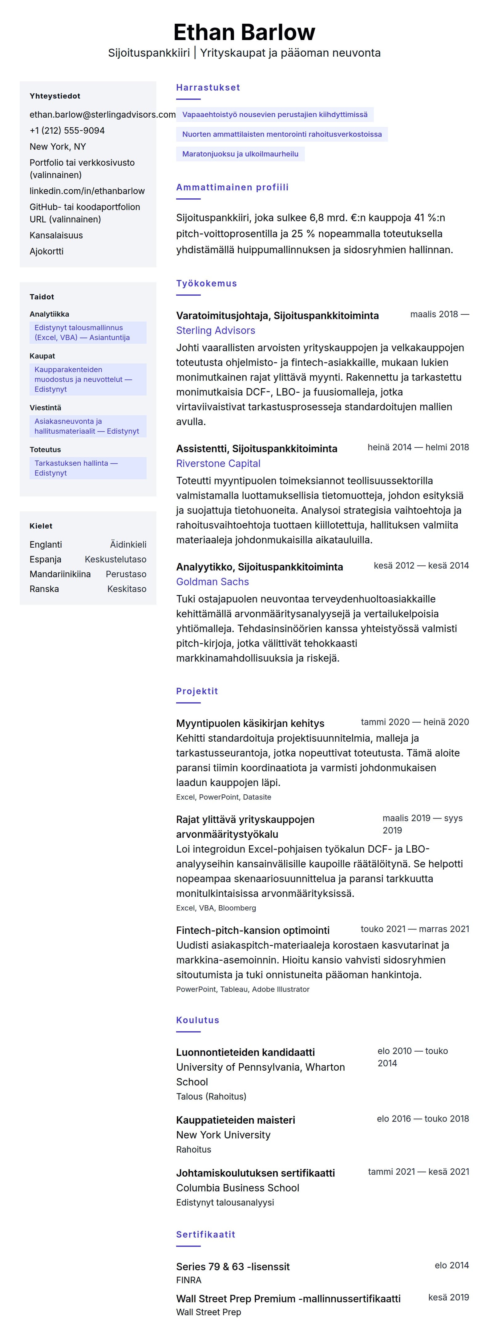 Ansioluetteloesikatselu kohteelle Sijoituspankkiirin ansioluetteloesimerkki