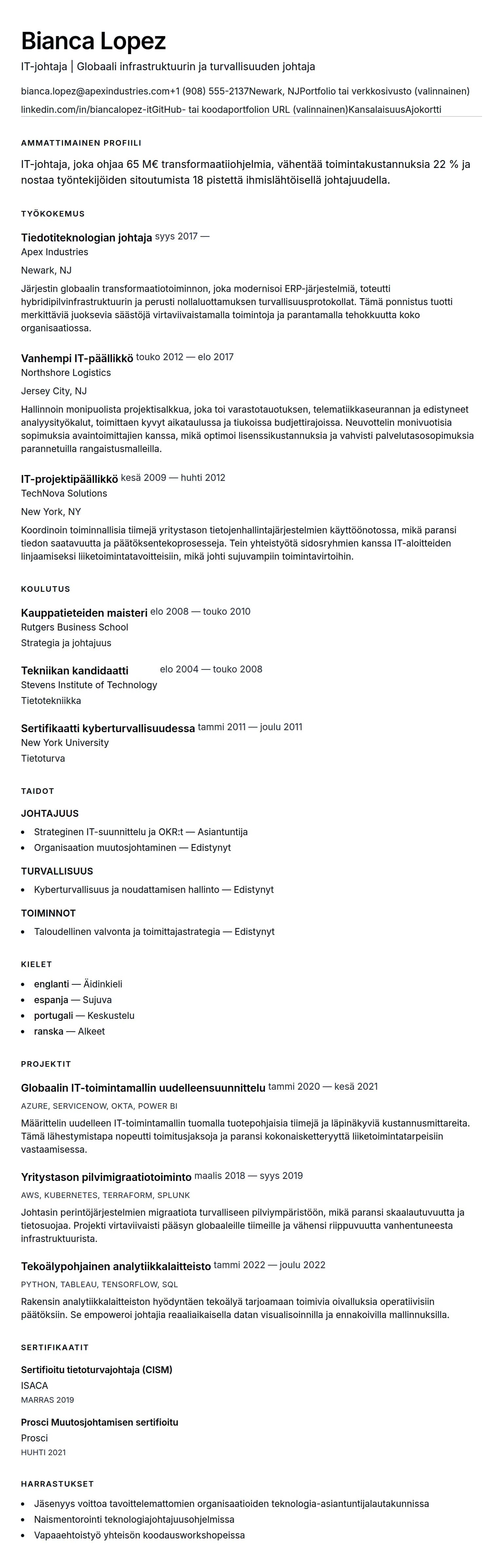 Ansioluetteloesikatselu kohteelle IT-johtajan ansioluetteloesimerkki