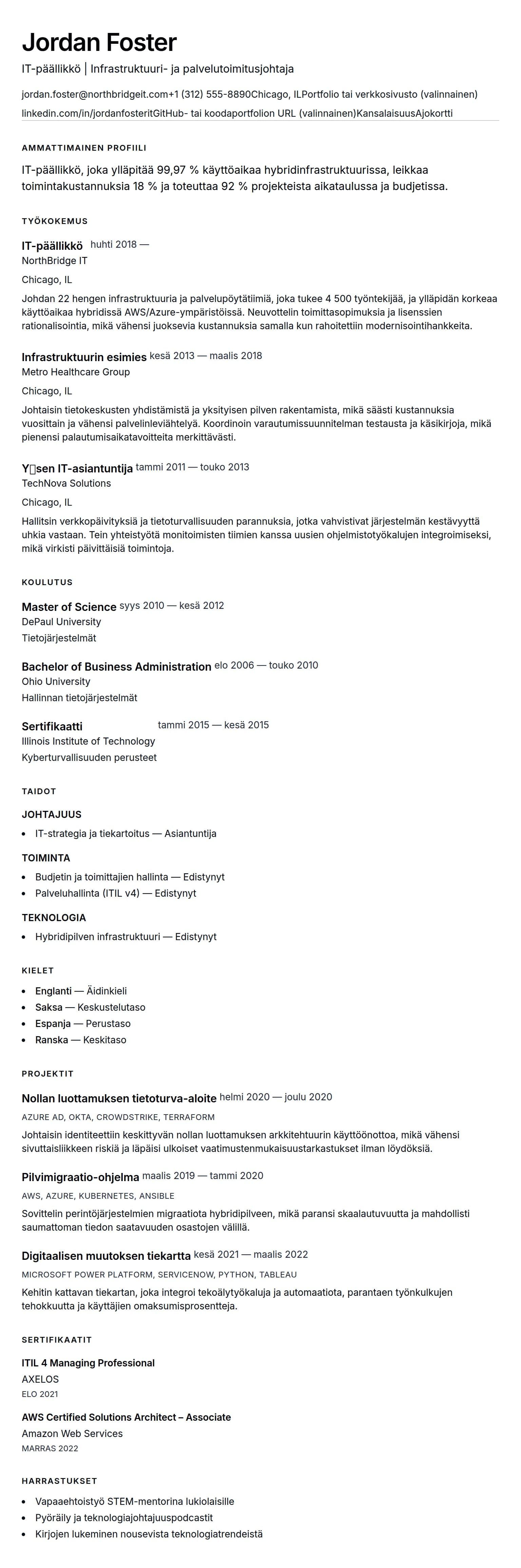 Ansioluetteloesikatselu kohteelle IT-päällikön ansioluettelo-esimerkki