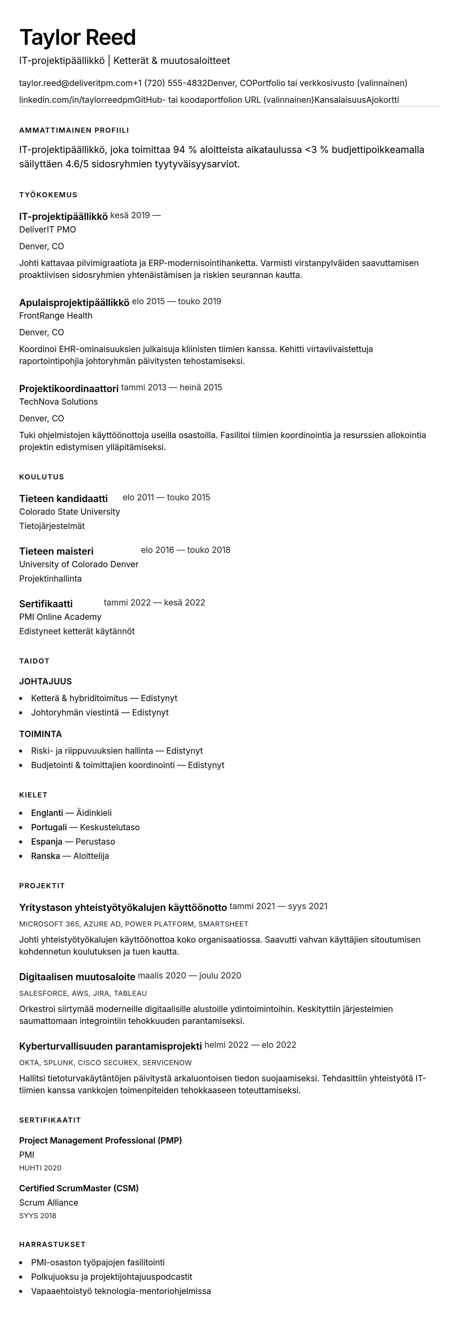 Ansioluetteloesikatselu kohteelle IT-projektipäällikön ansioluetteloesimerkki