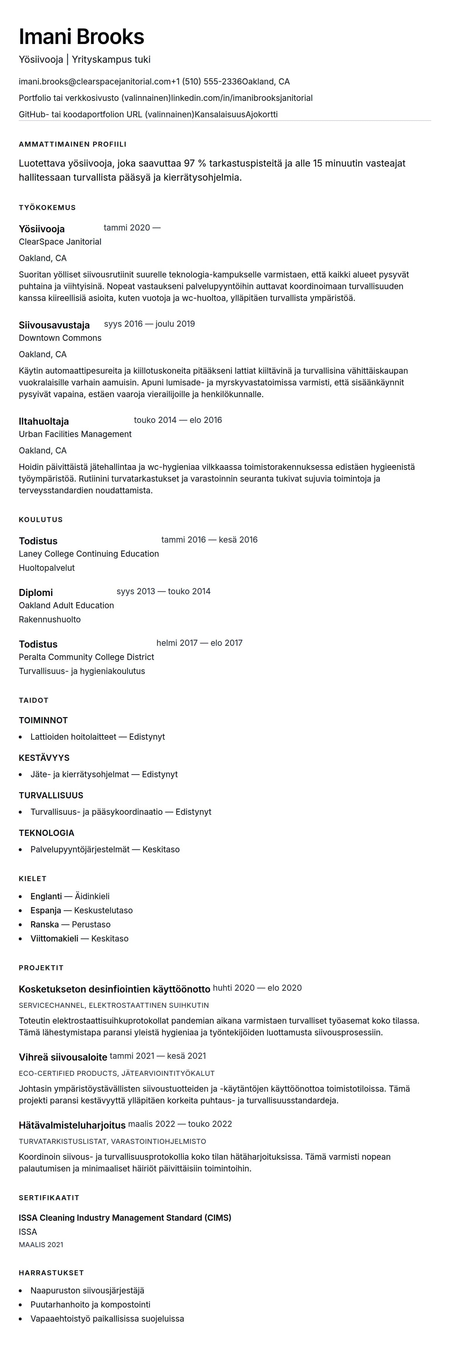 Ansioluetteloesikatselu kohteelle Siivoojan ansioluettelo esimerkki