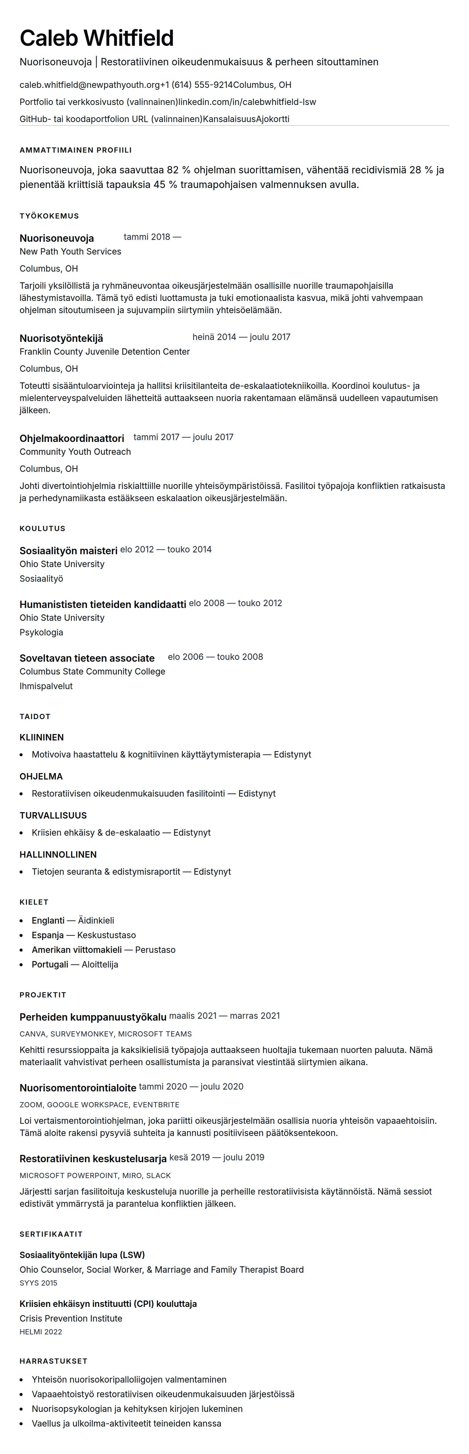 Ansioluetteloesikatselu kohteelle Nuorisoneuvojan ansioluettelon esimerkki