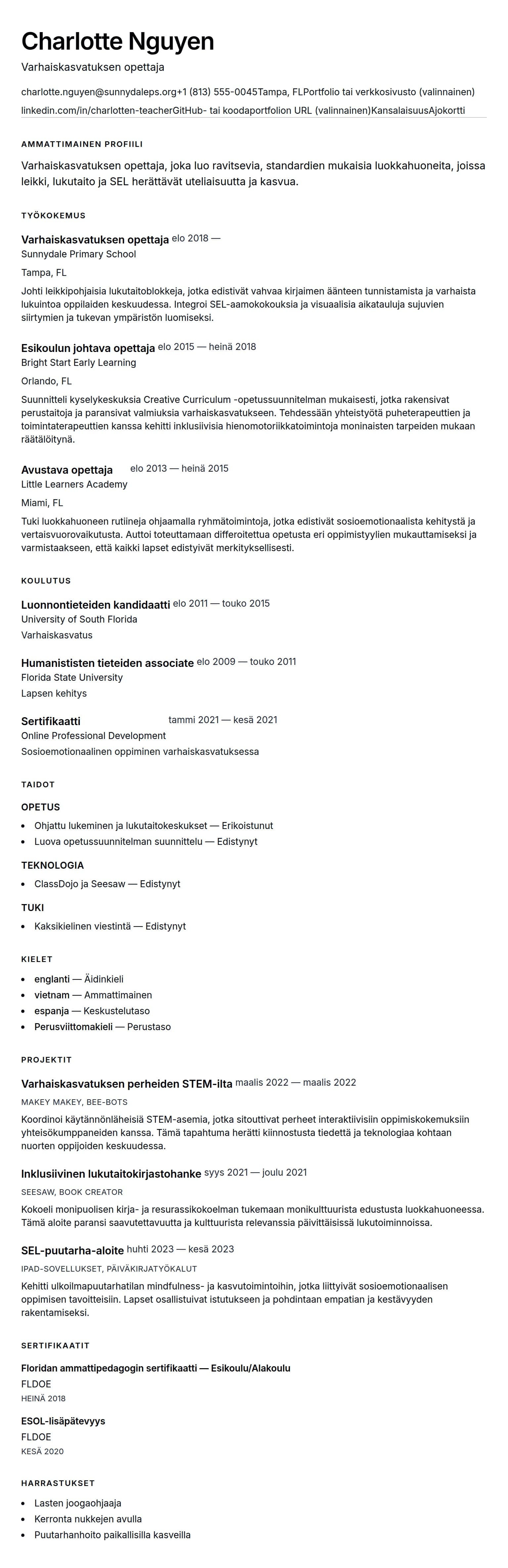 Ansioluetteloesikatselu kohteelle Varhaiskasvatuksen opettajan ansioluetteloesimerkki